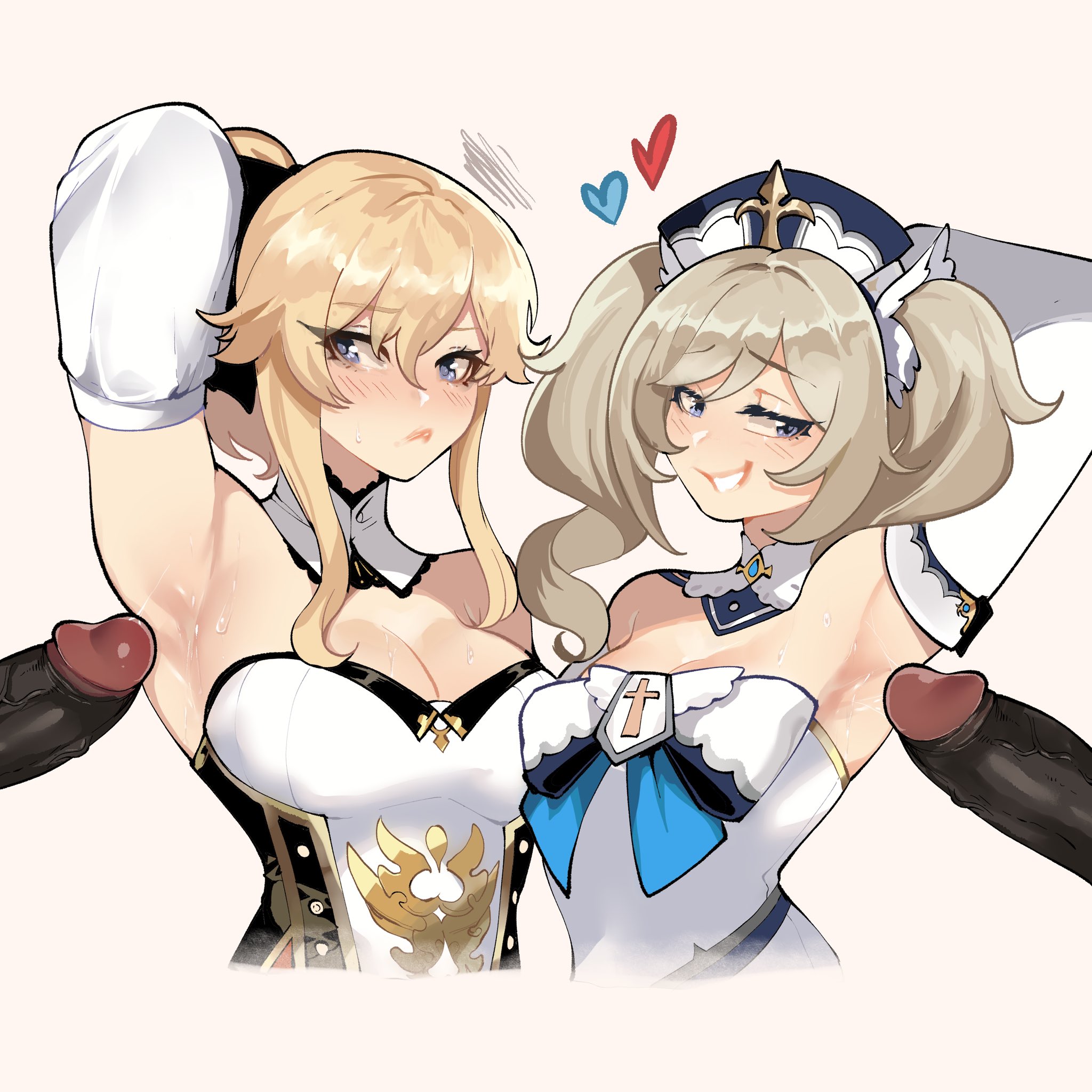 2boys, 2girls, arm behind head, armpit sex, armpits, bangs, barbara (genshin impact), blonde hair, blue eyes, blush, breasts, churled, cleavage, closed mouth, corset, cropped torso, detached sleeves, female, genshin impact, grin, hair between eyes, hat, heart, highres, hilichurls (species), jean gunnhildr, long hair, male, medium breasts, multiple boys, multiple females, multiple girls, multiple males, multiple penises, nun, penis, sexy armpits, siblings, simple background, sisters, smile, straight, strapless, thiccwithaq, twintails, uncensored