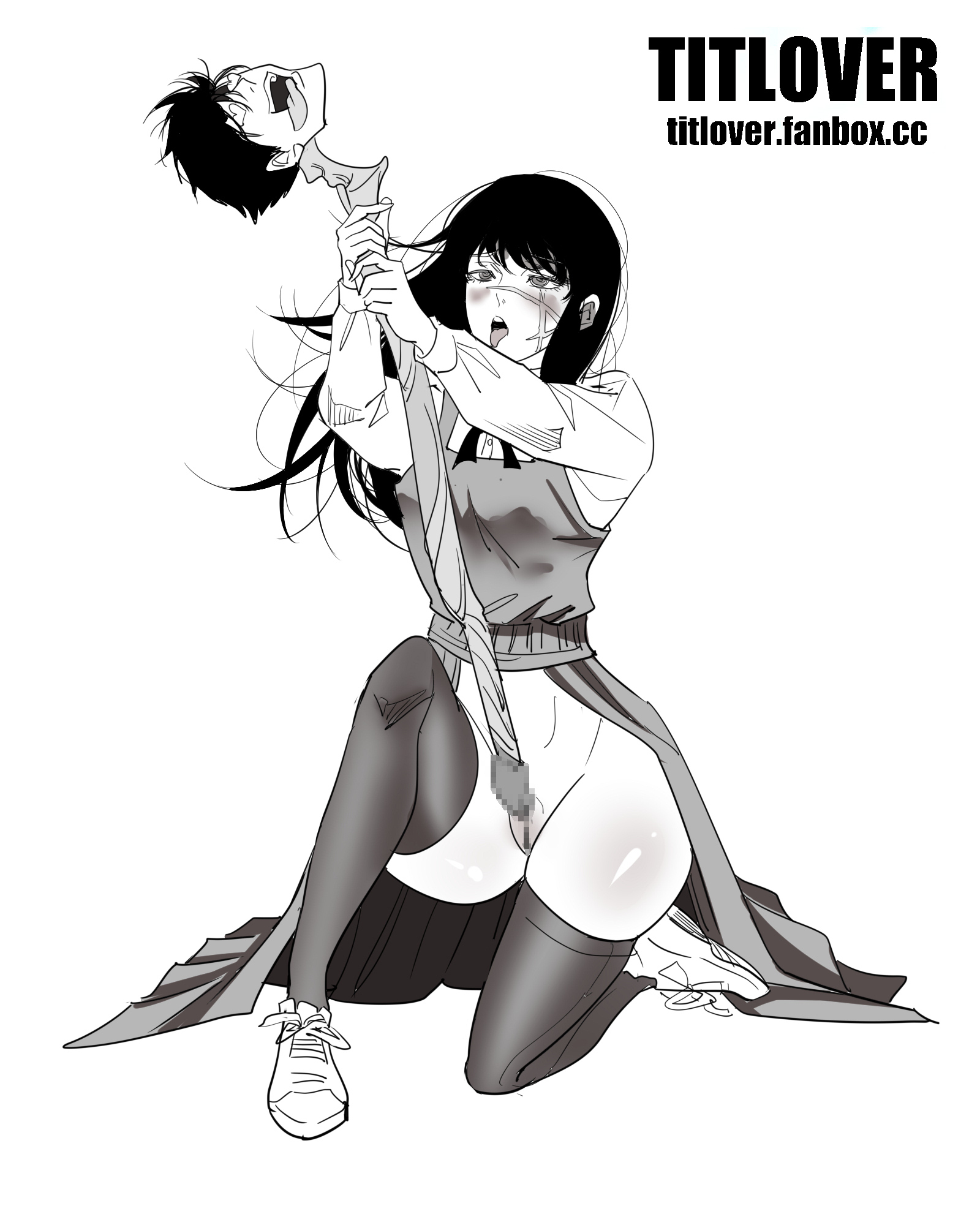 1girls, blush, bottomless, breasts, censored, chainsaw man, female, female only, first porn of character, greyscale, legwear, long hair, moaning, monochrome, mosaic censoring, no panties, no underwear, pussy, scar, school uniform, schoolgirl, solo, sword, tanaka (chainsaw man), thighhighs, titlover, tongue, tongue out, white background, yoru (chainsaw man)