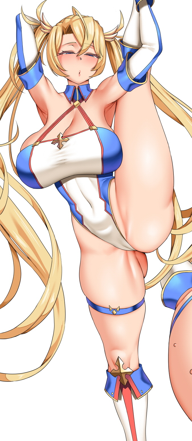 1girls :o armpits ass ass_visible_through_thighs blonde_hair blue_eyes blush bradamante_(fate) bradamante_(first_ascension)_(fate) breasts bridal_garter cleavage covered_navel elbow_gloves fate/grand_order fate_(series) female gloves half-closed_eyes highres huge_breasts leotard long_hair looking_at_viewer naughty_face revision smh1069 smile solo standing_split thick_thighs thigh_strap thighs twintails very_long_hair white_gloves