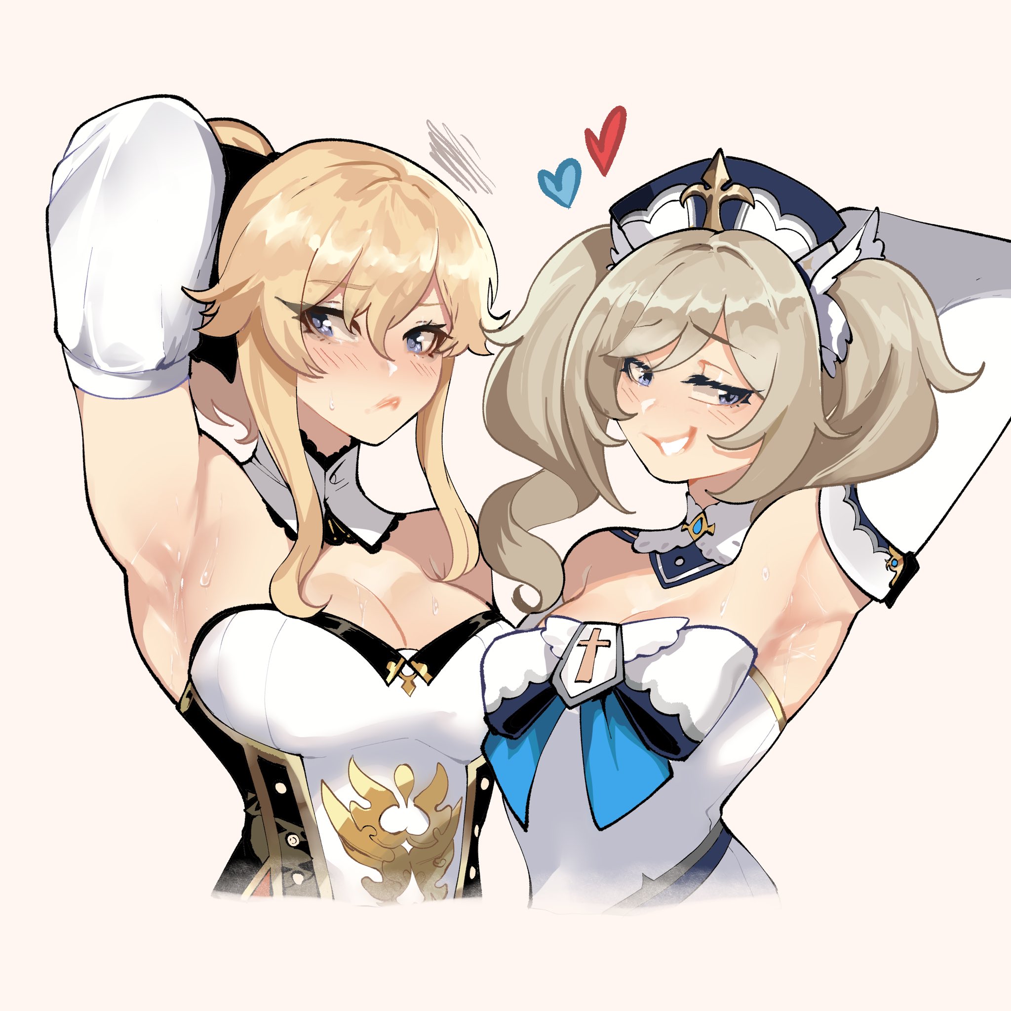 2girls, arm behind head, armpits, bangs, barbara (genshin impact), blonde female, blonde hair, blue eyes, blush, breasts, cleavage, closed mouth, corset, cropped torso, detached sleeves, female, female only, genshin impact, grin, hair between eyes, hat, heart, highres, jean gunnhildr, long hair, medium breasts, multiple females, multiple girls, nun, sexy armpits, simple background, smile, strapless, thiccwithaq, twintails