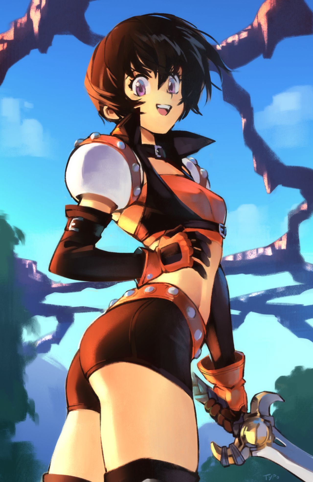 1girls ass black_hair black_shorts choker collar crop_top female female_focus female_only gloves midriff open_mouth optionaltypo purple_eyes rutee_katrea short_hair shorts skimpy skimpy_clothes solo solo_female solo_focus sword tales_of_(series) tales_of_destiny teeth teeth_showing teeth_visible thighs tongue upper_teeth weapon