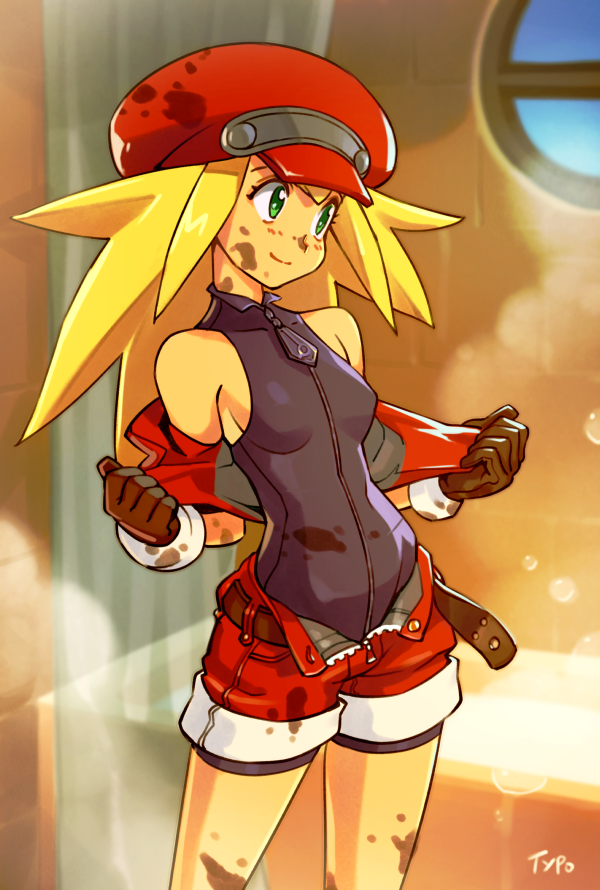 1girls bare_shoulders belt black_topwear blonde_hair breasts capcom female grease green_eyes hat jacket mega_man mega_man_legends oil optionaltypo red_hat red_jacket red_shorts roll_caskett short_hair shorts sleeveless small_breasts smile smiling solo solo_female solo_focus topwear undressing undressing_self zipper zipper_down