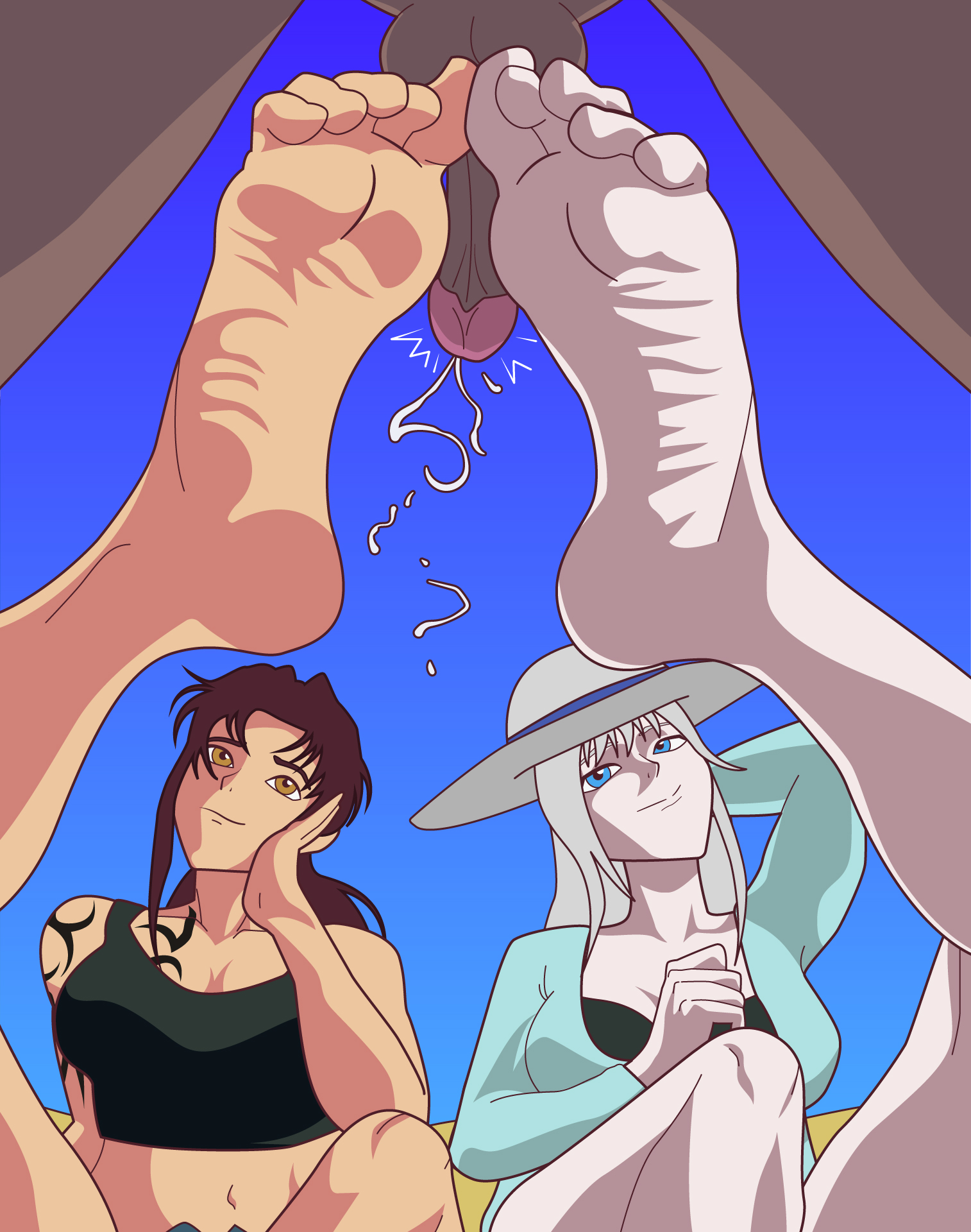 :>, 1boy, 2d, 2girls, balls, barefoot, black lagoon, blue eyes, bottom view, bra, brown eyes, brown hair, clothed female nude male, crossover, cum, cumming, cute, dark skin, dark-skinned male, double footjob, faceless male, feet, female, footjob, happy, hat, jormungand, koko hekmatyar, light skin, light-skinned female, looking at partner, looking at penis, male, nude, nude male, penis, revy, smile, tagme, tattoo, teamwork, touching penis, white hair, wrinkled feet