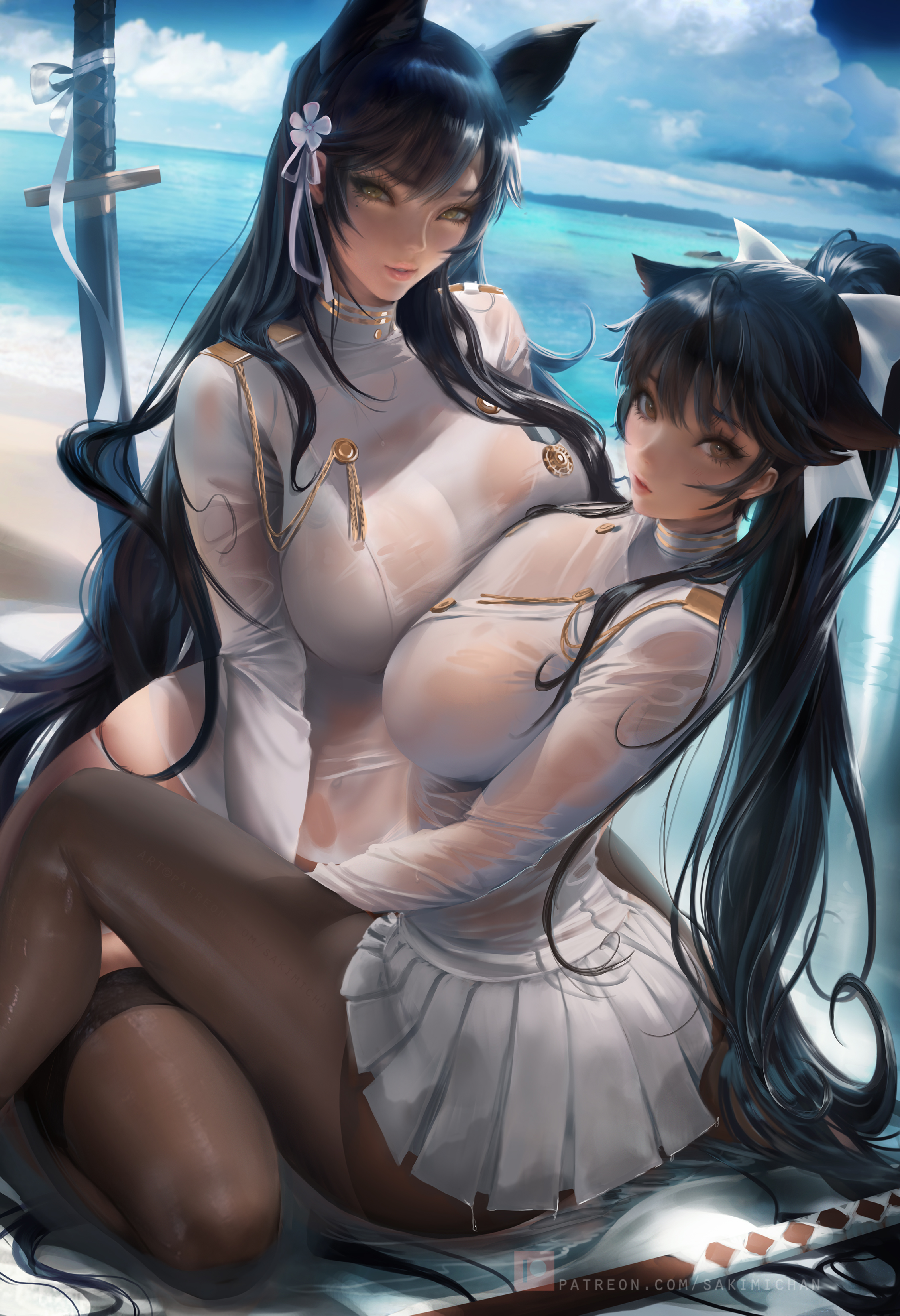 2girls, atago (azur lane), azur lane, beach, breasts, female, female only, highres, huge breasts, large breasts, long hair, looking at viewer, multiple females, multiple girls, outdoors, sakimichan, see-through, skirt, takao (azur lane), thighhighs, uniform, water