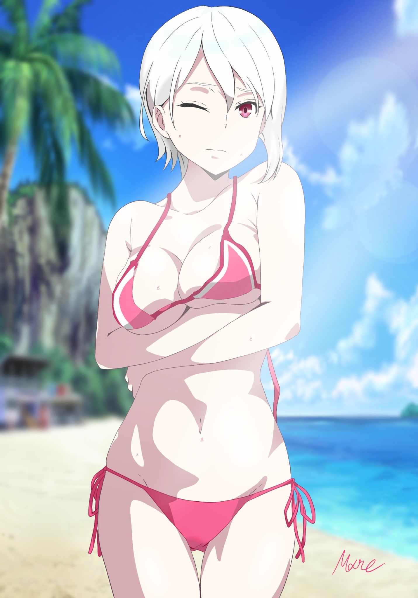 1girls, beach, bikini, female, micro bikini, nakiri alice, pink bikini, shokugeki no souma, white hair, white-haired female