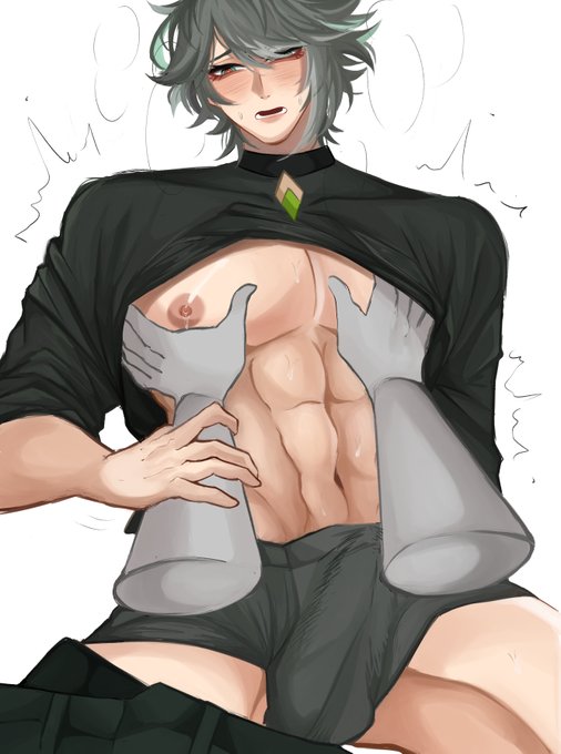 abs, alhaitham (genshin impact), bishonen, blush, boxer briefs, breasts, bulge, bulge through clothing, corsedc, genshin impact, groping, groping breasts, male, male only, muscular, muscular male, nipples, pecs, shirt lift, shirt up, sweat, underwear