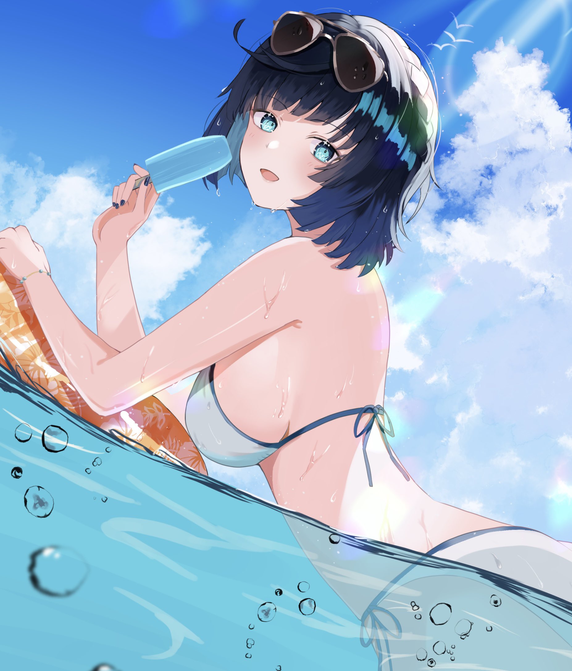 beach, big breasts, breasts, female, genshin impact, large breasts, partially submerged, partially underwater shot, popsicle, rerererere mon, revealing swimsuit, side view, sideboob, sunglasses, sunglasses on head, swimming, swimwear, underwater, wet, yelan (genshin impact)