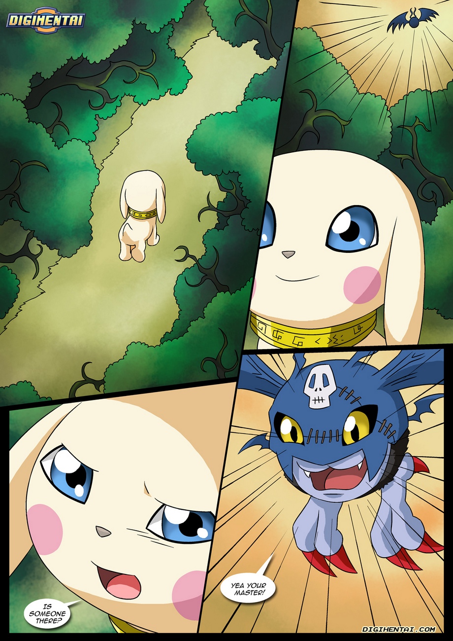 bbmbbf blue_eyes collar demidevimon digihentai digimon digimon_(species) english_text gatomon_the_slave holy_ring palcomix plotmon salamon speech_bubble yellow_eyes