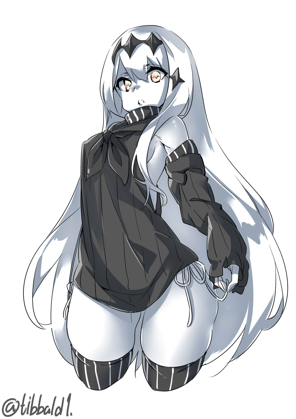 abyssal_ship aircraft_carrier_water_oni bangs black_sweater breasts colored_skin covered_nipples cowboy_shot cropped_legs detached_sleeves ebifurya female hair_between_eyes hair_ornament highres kantai_collection long_hair looking_at_viewer medium_breasts neckerchief no_bra open_mouth orange_eyes shinkaisei-kan sideboob sidelocks simple_background sleeves_past_wrists solo striped striped_legwear sweater sweater_vest thighhighs very_long_hair white_background white_skin zettai_ryouiki