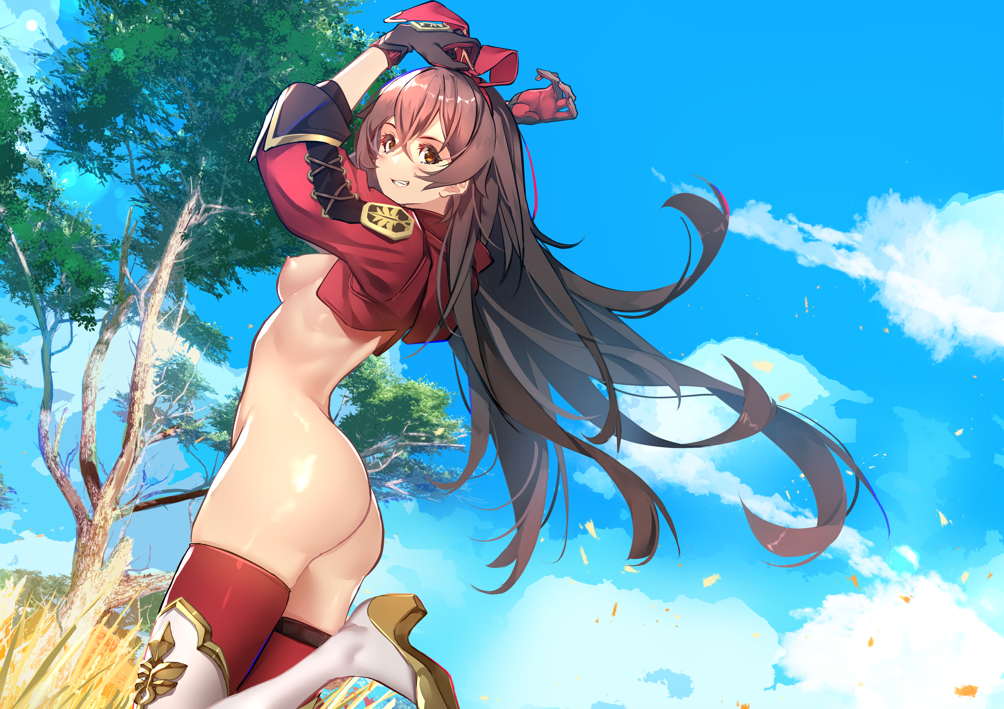 amber (genshin impact), ass, boots, breasts, brown hair, female, female only, genshin impact, grin, high heels, medium breasts, nipples, open clothes, smile, sydus, teeth