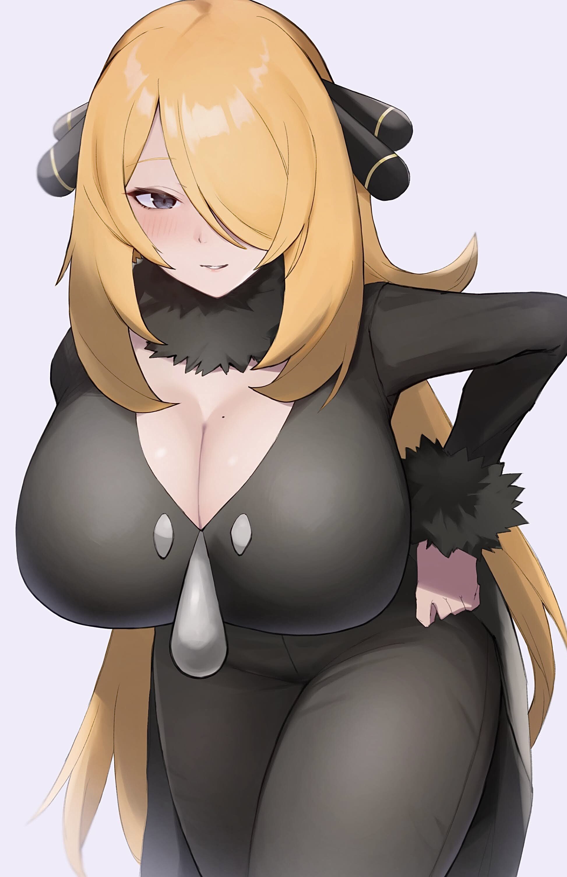 1girls, alternate breast size, big breasts, black eyes, blonde hair, breasts, cleavage, cynthia (pokemon), female, game freak, hair ornament, huge breasts, kataku musou, nintendo, pokemon, smile, solo, solo female, white background