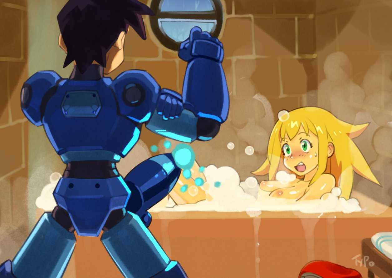 1boy 1girls back back_view bath bathing bathroom bathtub blonde_hair blush breasts brown_hair bubble bubbles capcom embarrassed embarrassed_nude_female enf female green_eyes large_breasts medium_breasts mega_man mega_man_legends mega_man_volnutt nipples open_mouth optionaltypo penis penis_out robot_humanoid robot_penis roll_caskett short_hair surprise surprised surprised_expression