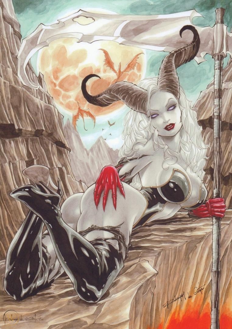 ass big_ass big_breasts black_high_heel_boots black_high_heels black_thigh_boots chaos_comics demon_horns ed_benes_studio evolved female_ass high_heel_boots high_heels lady_death latex_bra latex_gloves latex_stockings latex_thong long_hair looking_at_viewer looking_back purple_lipstick purple_sclera queen_of_the_dead rubismar_da_costa scythe thigh_boots white_hair