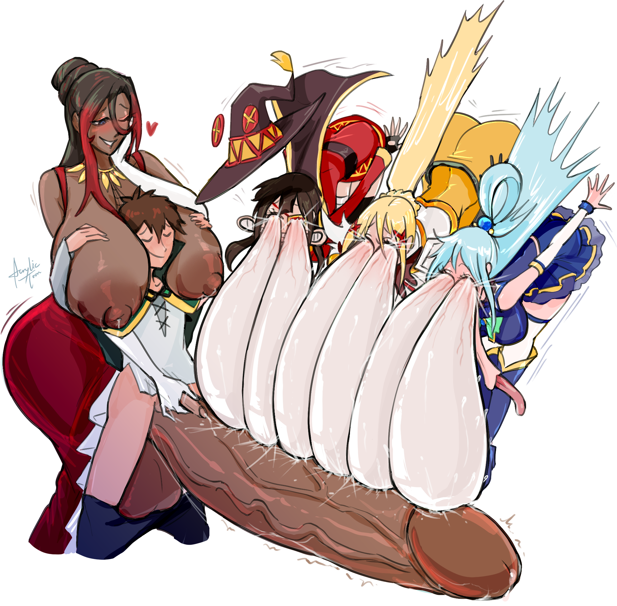 1boy, 1futa, 3girls, acrylictoon, aqua (konosuba), darkness (konosuba), eyes bugging out, female, futanari, intersex, kono subarashii sekai ni shukufuku wo!, male, megumin, penis, satou kazuma, sylvia (konosuba), tagme, wild take