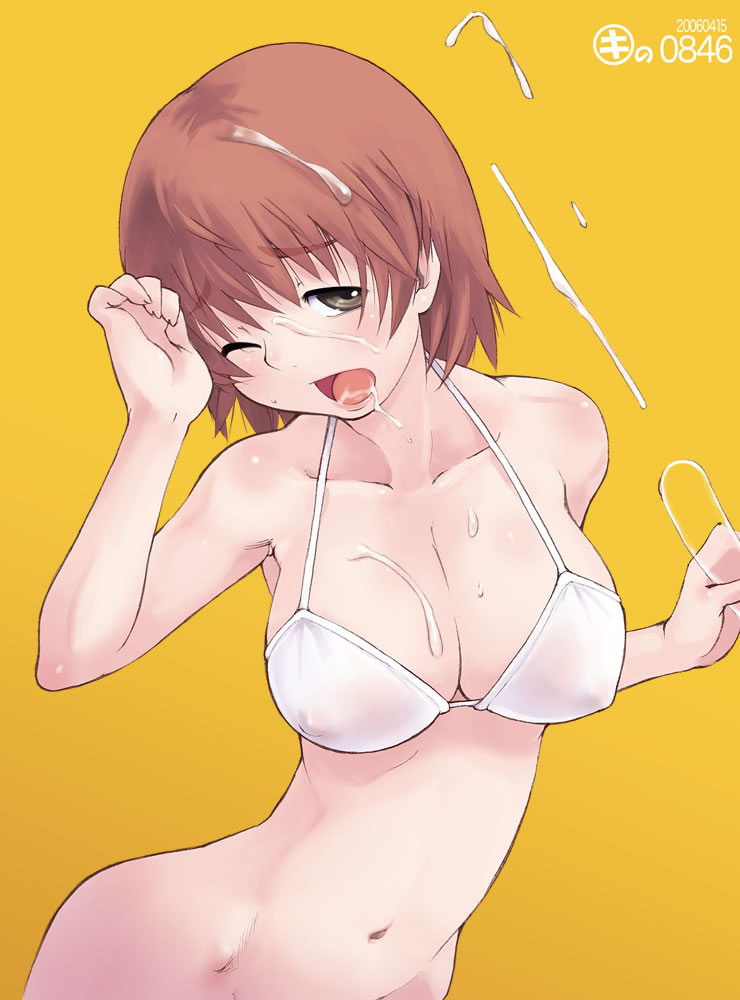 bottomless breasts brown_eyes brown_hair cum cum_in_mouth cum_on_body cum_on_breasts cum_on_hair cum_on_upper_body erect_nipples facial kei_jiei large_breasts see-through short_hair swimsuit wink