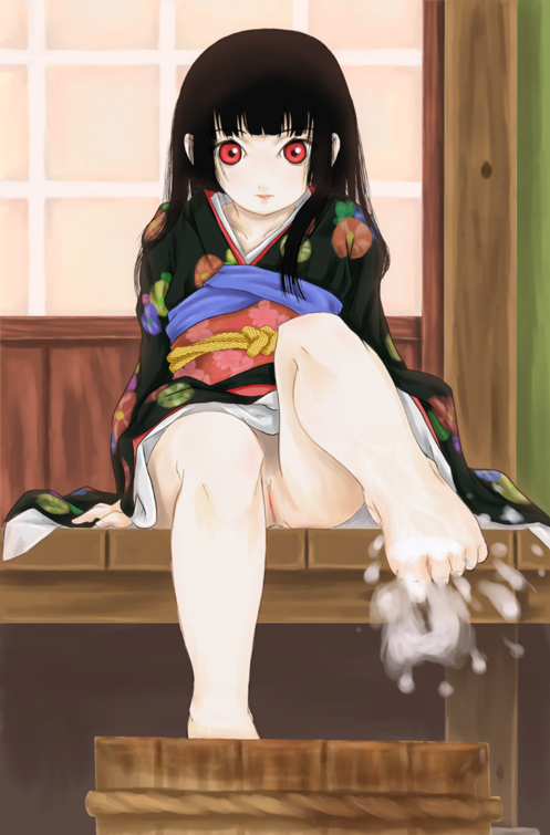 black_hair blunt_bangs enma_ai female hime_cut invitation japanese_clothes jigoku_shoujo long_hair no_panties pussy red_eyes solo uncensored