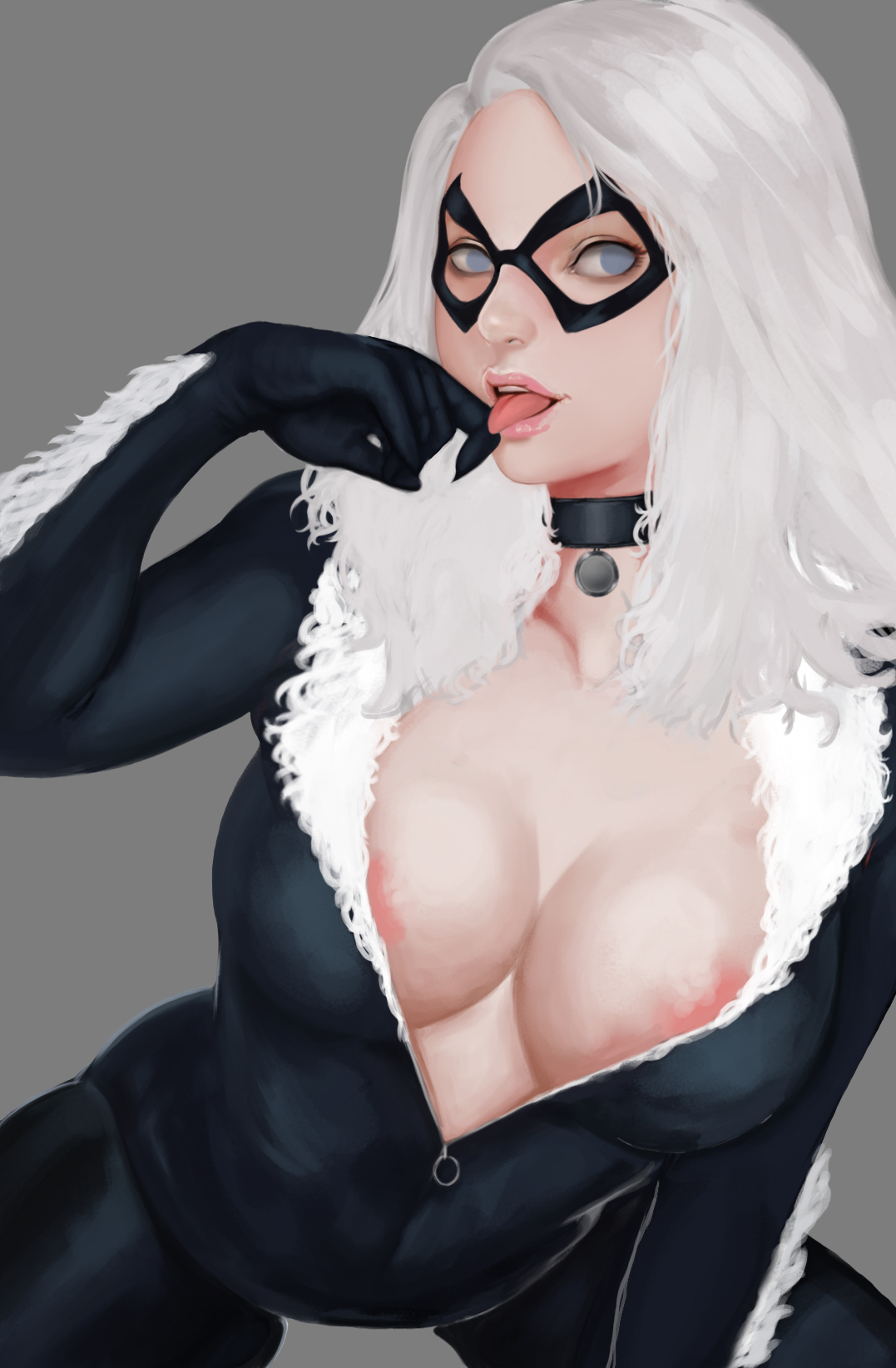 black cat (marvel), bodysuit, botslim, breasts, cleavage, collar, domino mask, felicia hardy, female, female only, highres, human, large breasts, long hair, looking at viewer, marvel, marvel comics, mask, simple background, skin tight, smile, solo, spider-man (series), tongue, tongue out, unzipped, white hair, zipper, zipper pull tab