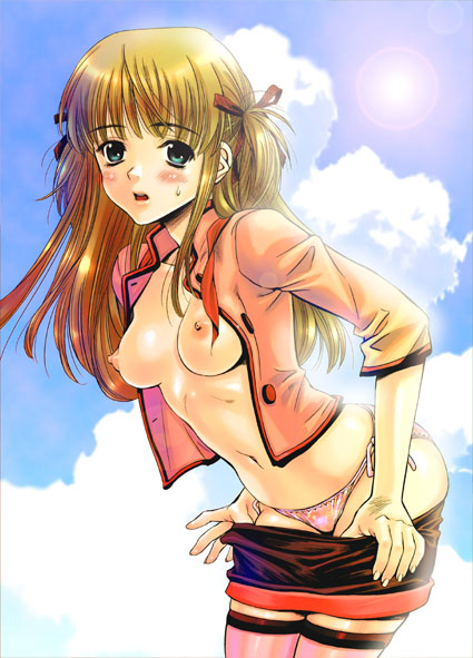 1girls areolae azusagawa_tsukino blonde_hair blue_eyes blush breasts female green_eyes hair_ribbon hair_ribbons hips leaning_forward long_hair midriff miniskirt nipples no_bra open_clothes open_shirt panties pink_legwear pink_panties pink_thighhighs ribbon shirt side-tie_panties skirt skirt_pull sky solo sunlight thighhighs underwear undressing yakitate!!_japan zettai_ryouiki