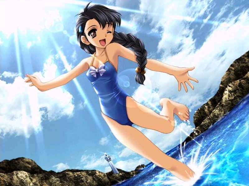 barefoot beach black_eyes black_hair braid casual_one-piece_swimsuit cloud dutch_angle game_cg hohoemi_wo_mou_ichido jpeg_artifacts lens_flare lighthouse mizushiro_takuya ocean okime_ayumi one-piece one-piece_swimsuit open_mouth single_braid sky smile solo sunbeam sunlight swimsuit water wink