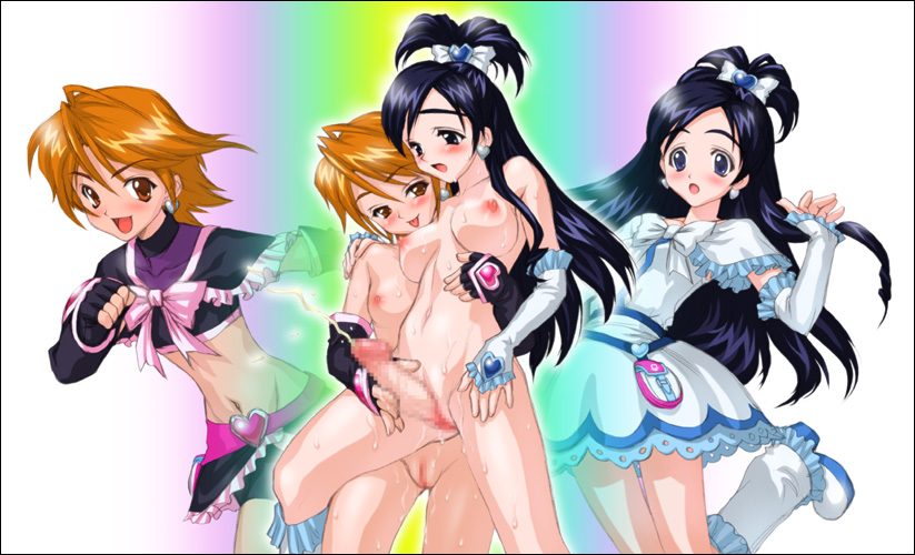 1futa 1girls artist_request blush bow breasts brown_eyes censored clothing cum cure_black cure_white dress earrings ejaculation elbow_gloves female futa_on_female futa_sans_balls futa_with_female futanari futari_wa_precure futari_wa_pretty_cure gloves handjob intersex jewelry long_hair magical_girl medium_breasts midriff misumi_nagisa nipples no_testicles nude orange_hair penis precure pretty_cure purple_eyes purple_hair pussy short_hair shorts skirt small_breasts sweat yukishiro_honoka