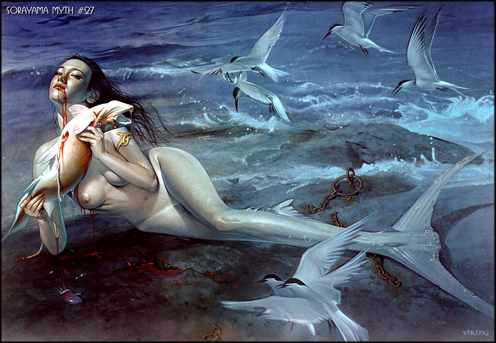 beige_skin bird birds black_hair bleeding blood blood_drip blood_stain breasts chain color day death eating feathers female fish hair hajime_sorayama hirajoshiba injury interspecies mermaid monster_girl nipples outdoors red_blood round_ears seagull water white_feathers wound