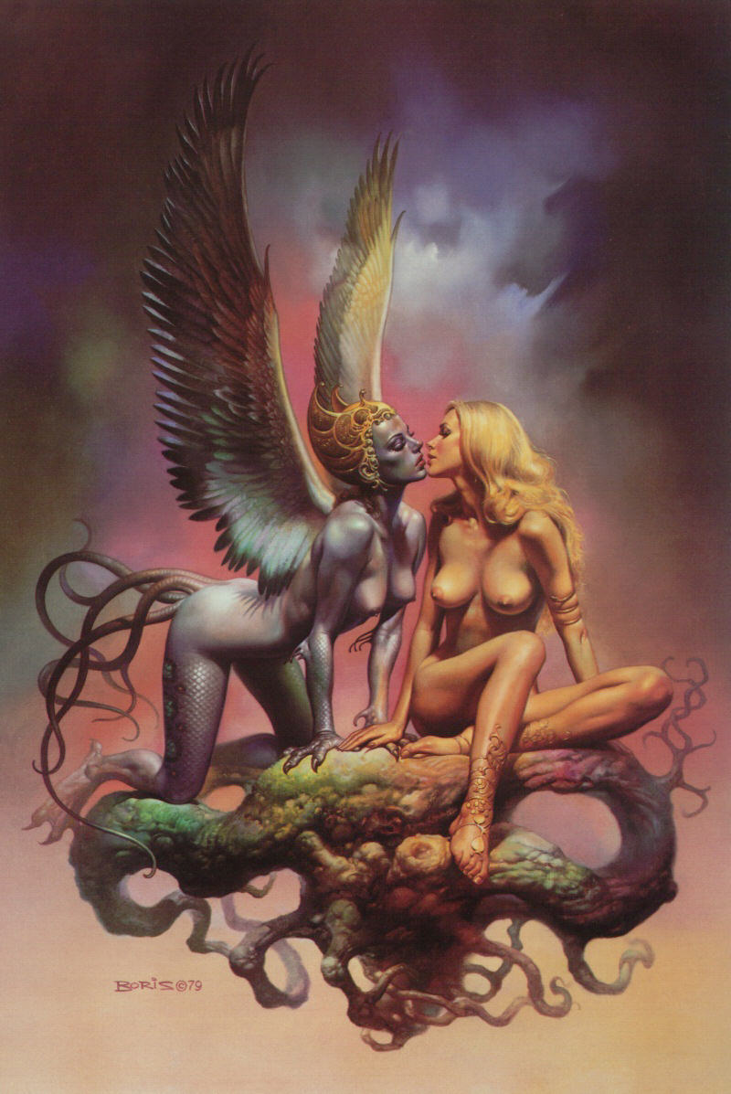 1970s 1979 2girls areolae artist_signature blonde_hair boris_vallejo breasts demon_girl female female_only kissing multi_tail multiple_girls nipples nude nude_female original tail wings yuri