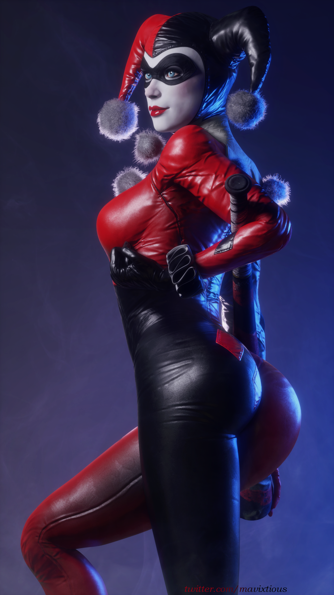 1girls, 3d, ass, baseball bat, batman (series), batman: arkham knight, blender, blue eyes, bodysuit, breasts, bubble ass, bubble butt, dc, dc comics, female, female only, harley quinn, harley quinn (arkham knight), harley quinn (arkham), harley quinn (classic), lipstick, looking at viewer, mavixtious, medium breasts, red lipstick, rocksteady studios, skin tight, solo
