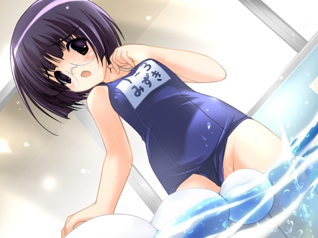 female fujiwara_warawara game_cg masturbation name_tag one-piece_swimsuit pool school_swimsuit swimsuit