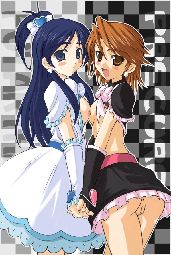 2girls akino_hamo anus blush bow breast_press breasts brown_eyes brown_hair clothing cure_black cure_white dress female flat_chest futari_wa_precure futari_wa_pretty_cure long_hair magical_girl midriff misumi_nagisa multiple_girls nipples no_panties precure pretty_cure purple_eyes purple_hair pussy short_hair symmetrical_docking uncensored yukishiro_honoka yuri