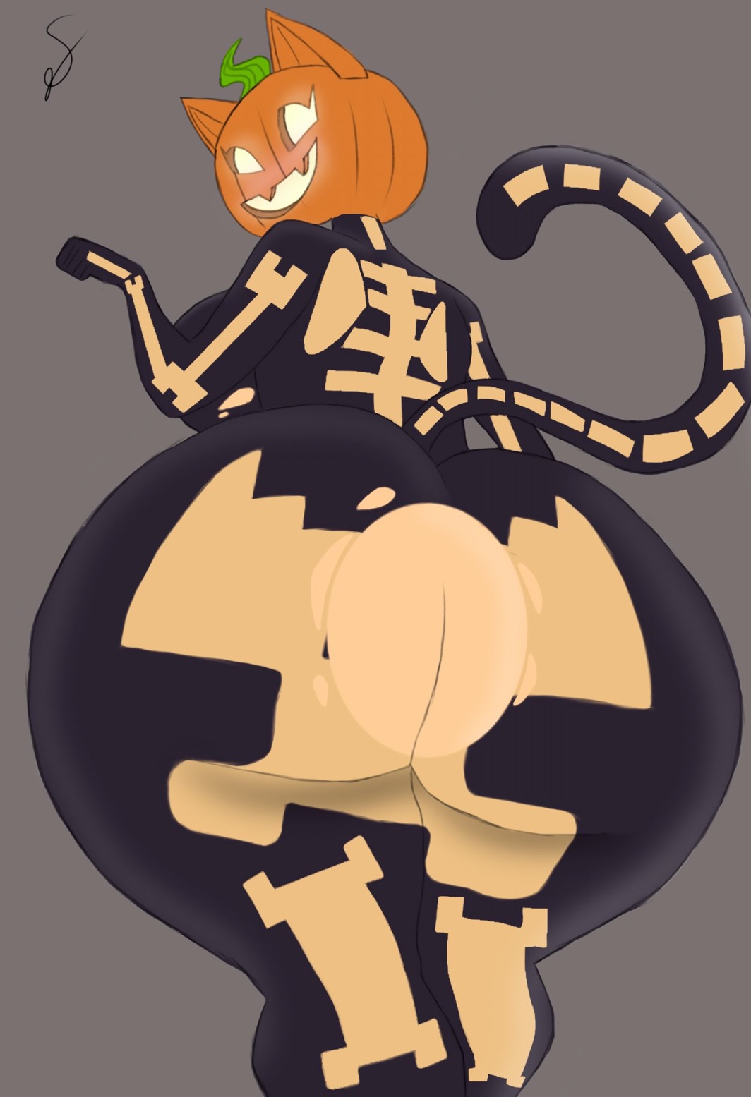 ass, big butt, blush, breasts, curvy figure, female, glowing eyes, notst0rmyz, pumpkin, pumpkin head, ripped clothing, ripped pants, skeleton, spice (fortnite), tail, white body