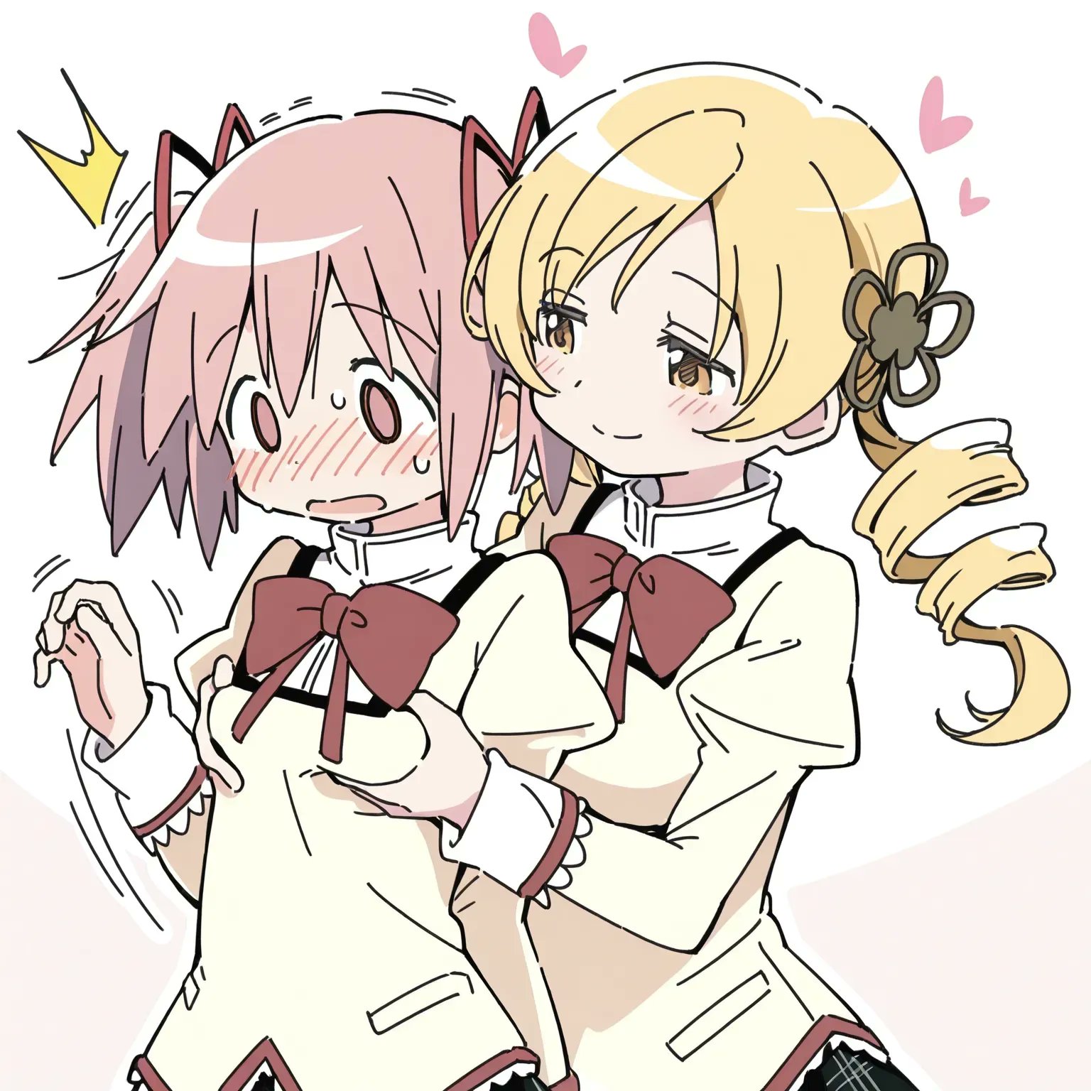 :0, <3, 2girls, ai generated, blonde female, blonde hair, blush, clothed, clothing, cute, drill hair, female, female only, female/female, flat chest, flat chested, fully clothed, girl on girl, groping, groping breasts, groping from behind, hair ornament, heart, kaname madoka, madoka kaname, magical girl, mahou shoujo madoka magica, no visible genitalia, pink hair, puella magi madoka magica, shocked, small breasts, tomoe mami, twintails, yuri