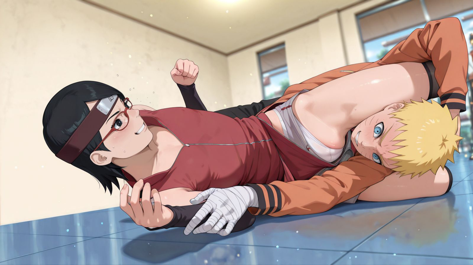 age difference, ai generated, blonde hair, boruto: naruto next generations, female, fight, light-skinned female, light-skinned male, male, naruto, naruto (series), older male and younger female, sarada uchiha, sexually suggestive, submission hold, training, uchiha sarada, uzumaki naruto