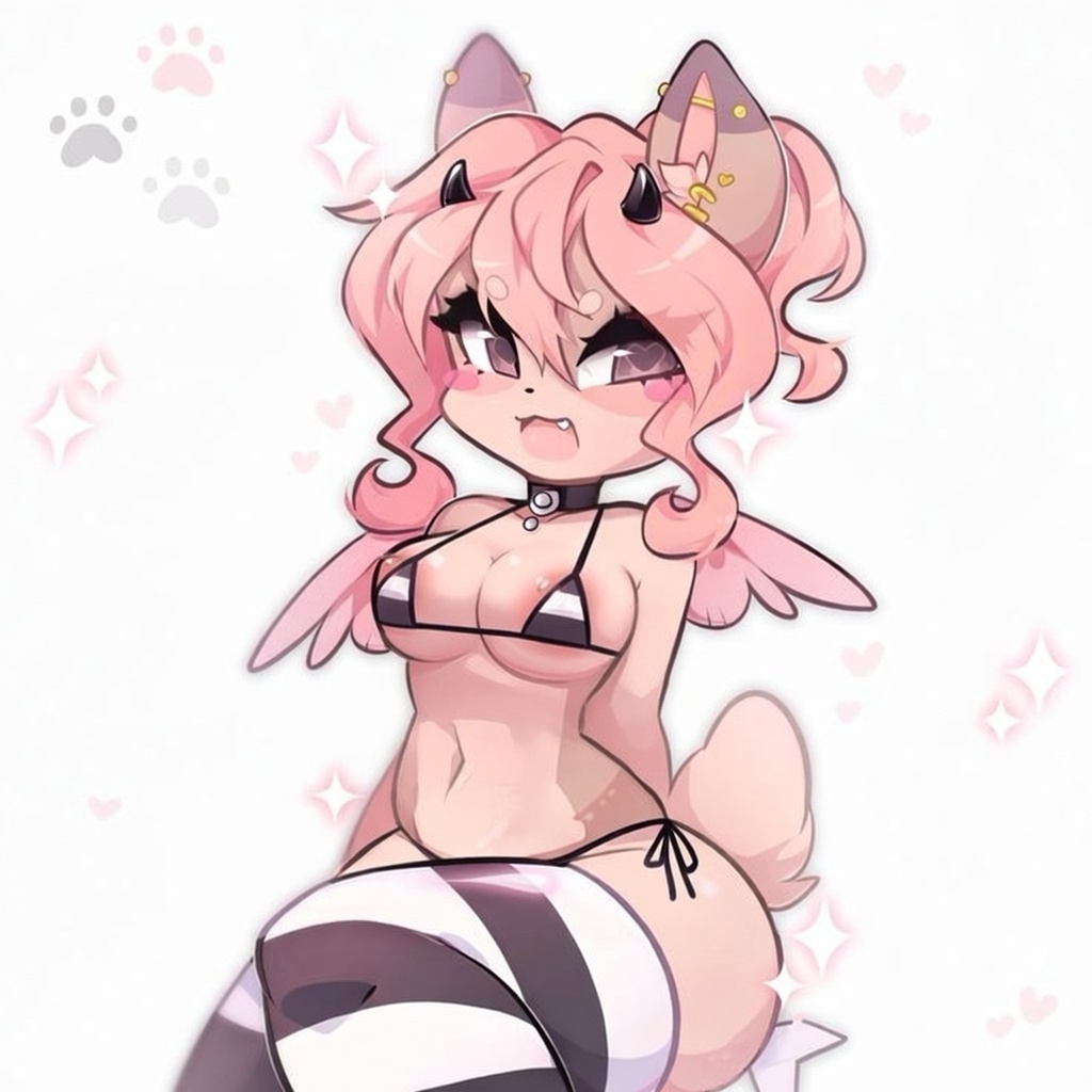 ai, ai generated, animal ears, anthro, blush, collar, demon, fangs, female, fox, hazel (typh), heart, horns, micro bikini, navel, pink hair, pose, sitting, striped legwear, tail, thigh highs, typh, wings