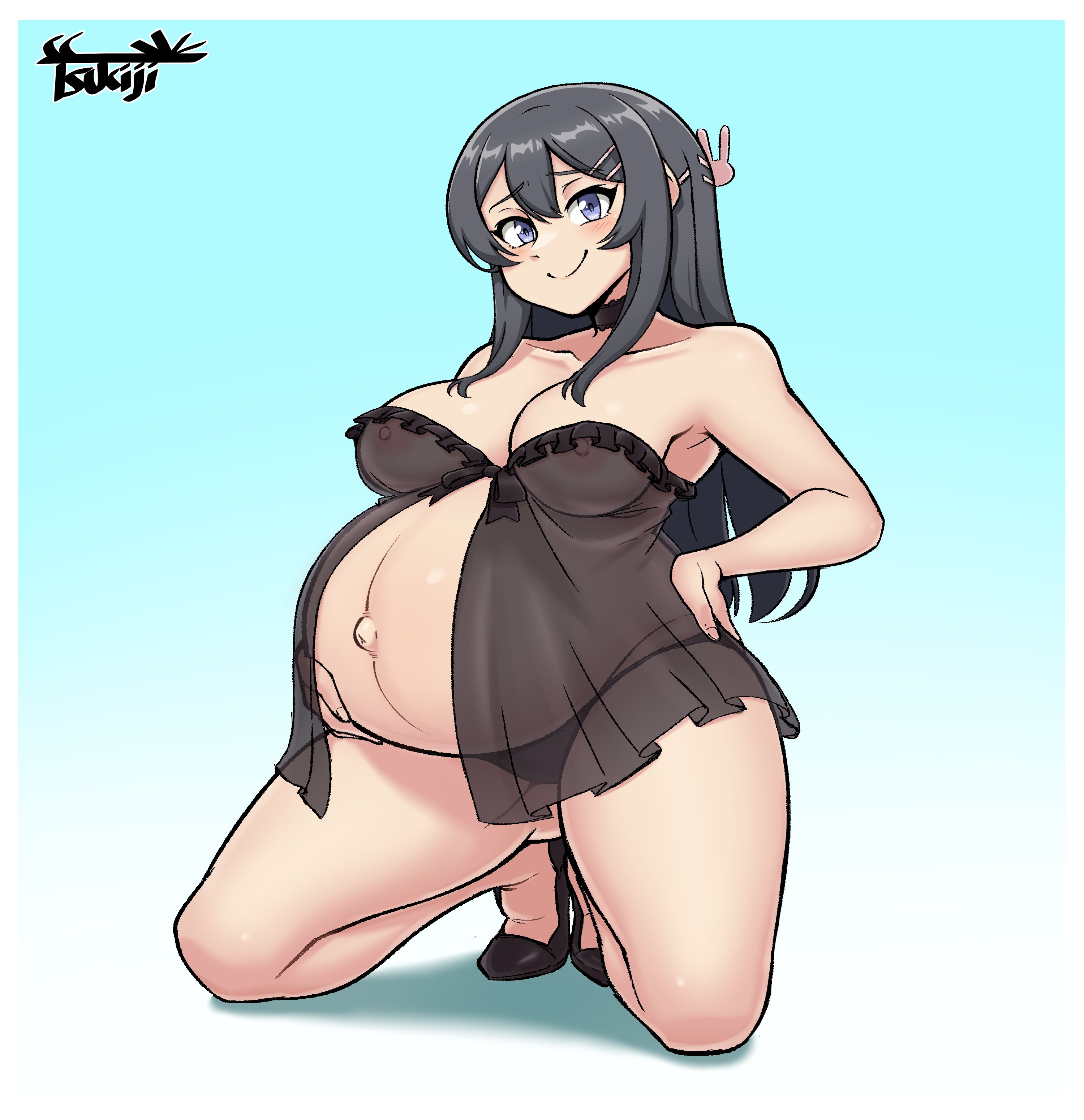 1girls, big breasts, black hair, blush, breasts, female, hand on belly, hand on hip, high heels, lingerie, nipples visible through clothing, on knees, outie navel, pregnant, purple eyes, ready to pop, sakurajima mai, seishun buta yarou wa bunny girl senpai no yume wo minai, thick thighs, translucent clothing, tsukiji, wide hips