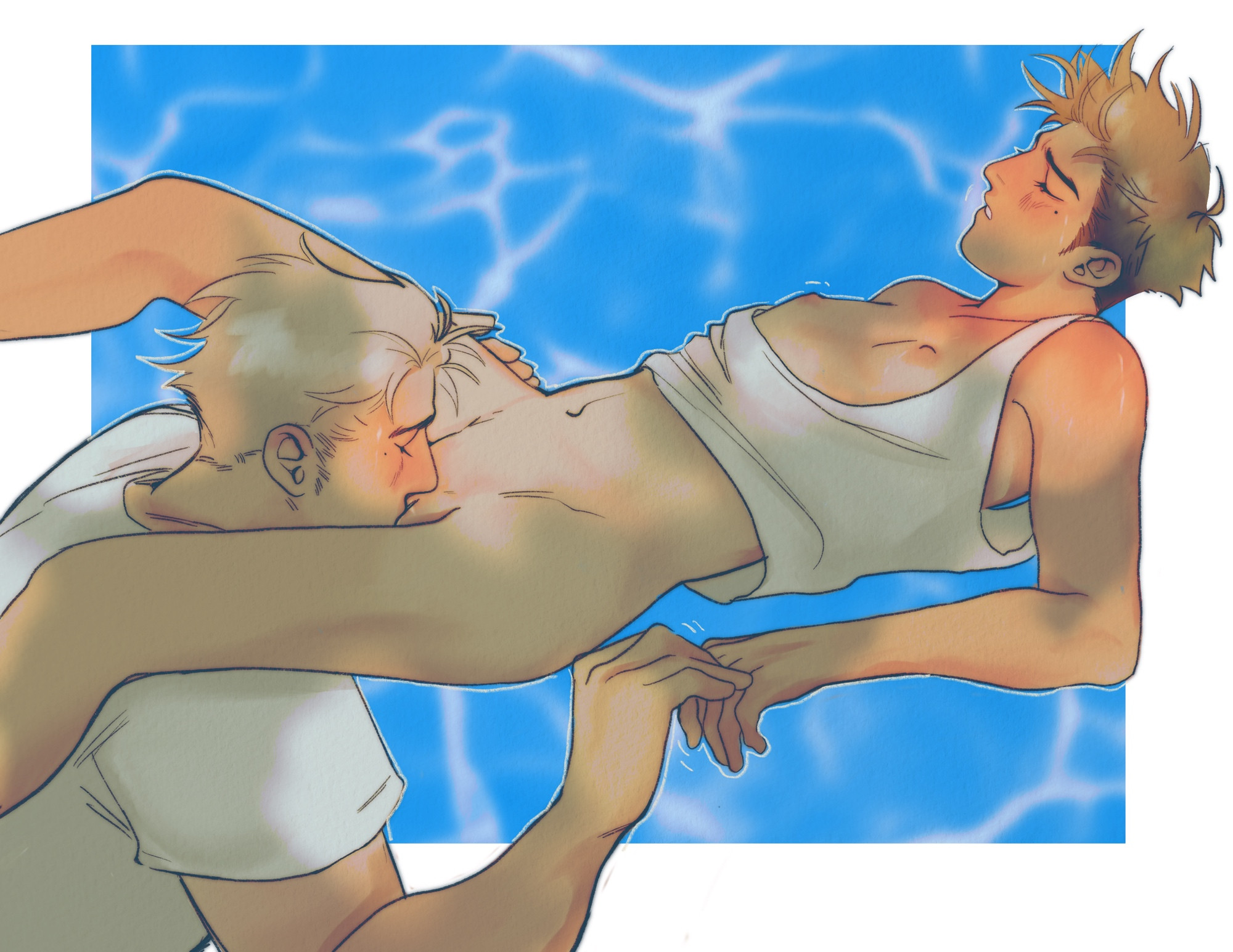 1boy, 1cuntboy, 2025, blonde hair, blush, brother, brothers, chbnny, cunnilingus, cuntboy, cuntboy/male, digital media (artwork), incest, laying down, laying on back, licking, licking pussy, male, millions knives, mole under eye, oral, oral sex, partially clothed, pussy, shirt, trigun, trigun stampede, twincest, twins, vash the stampede, water