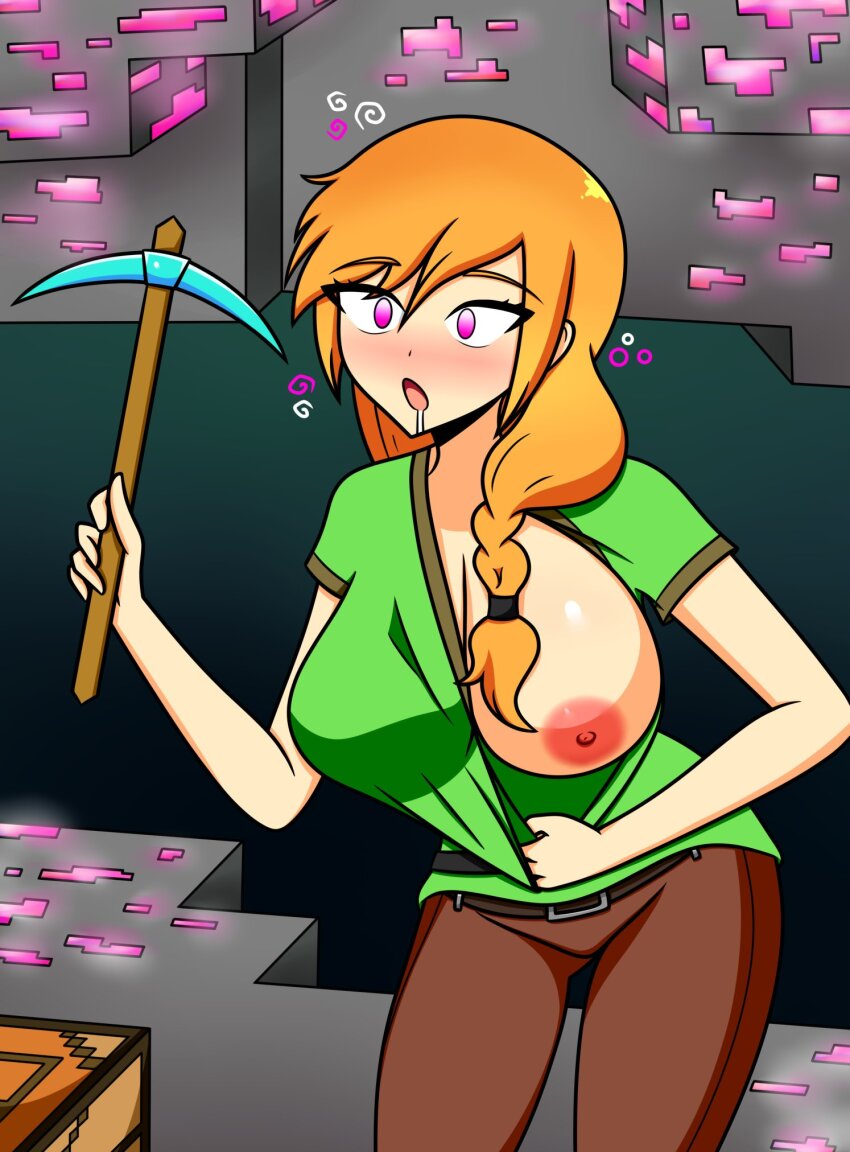alex (minecraft), blush, braless, breast slip, breasts out, cave, drool, drooling, exposed breasts, exposed nipples, glowing eyes, green shirt, hypnosis, large breasts, mind control, minecraft, mining, orange hair, pink eyes, shirt pull, sortish-kinda, stripping, undressing