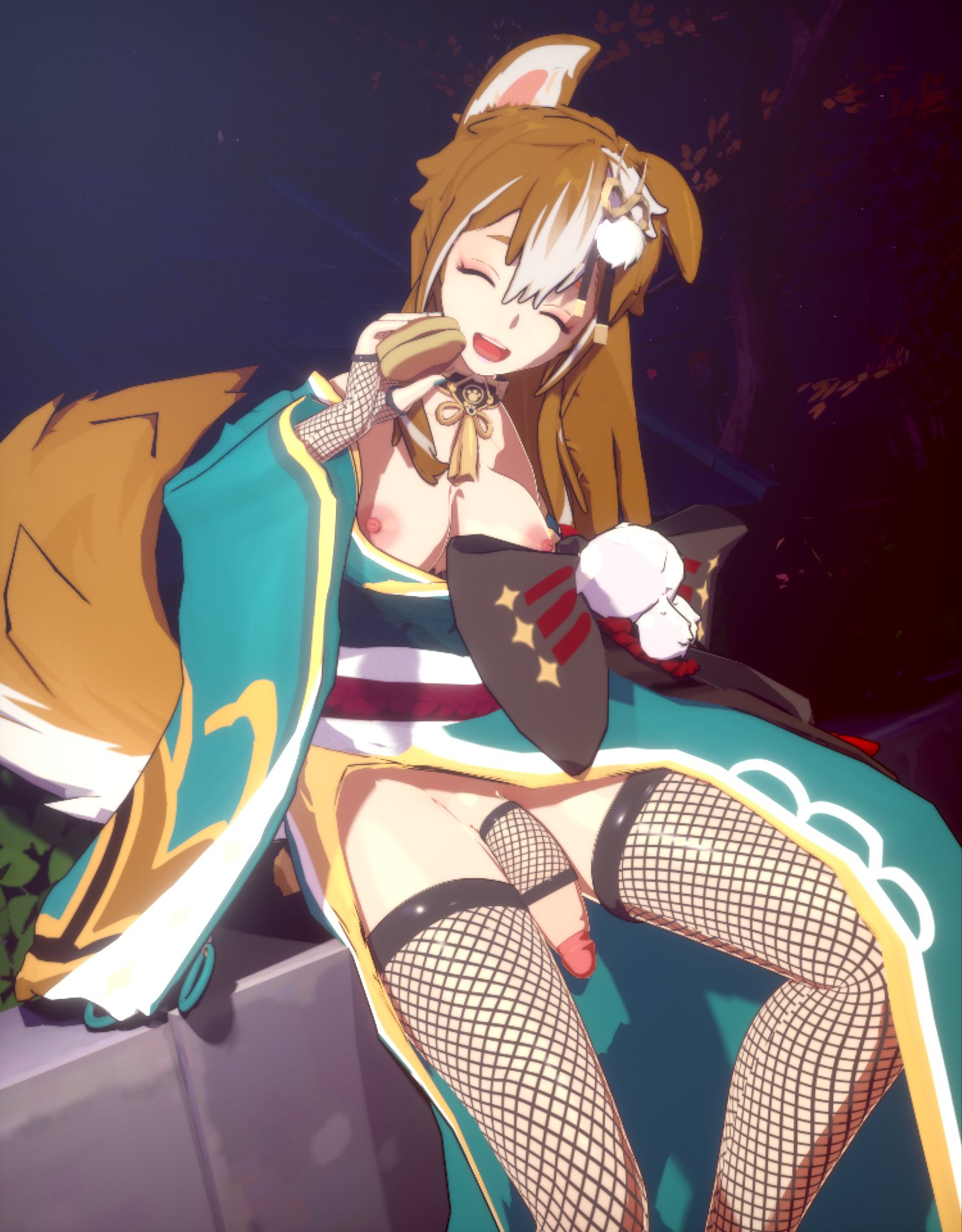1futa, 1girls, 3d, animal ears, balls, blender (software), brown hair, canon genderswap, circumcised, cute, dog ears, dog girl, dorayaki, eating, exhibitionism, exposed breasts, exposed nipples, exposed penis, fishnet armwear, fishnet legwear, fishnet stockings, fishnets, food, futa only, futanari, genderswap, genshin impact, girlcock, gock, gorou (genshin impact), happy, hoyoverse, kimono, long hair, mihoyo, ms hina (genshin impact), passengerlamp, penis, public, public exposure, puppy girl, rule 63, solo, solo female, solo focus, solo futa, sweet, tail, testicles
