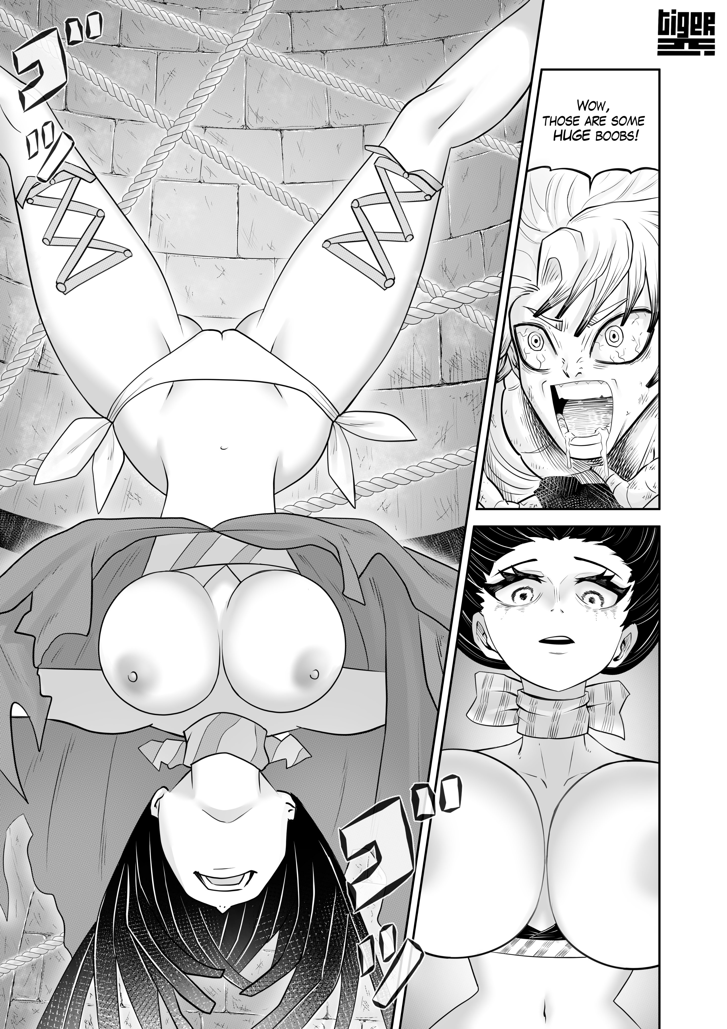 1boy, 1girls, amo empool, big breasts, breasts out, face down, gachiakuta, looking down, looking up, no bra, panties, rudo surebrec, surprised, text, thick thighs, tiger ki