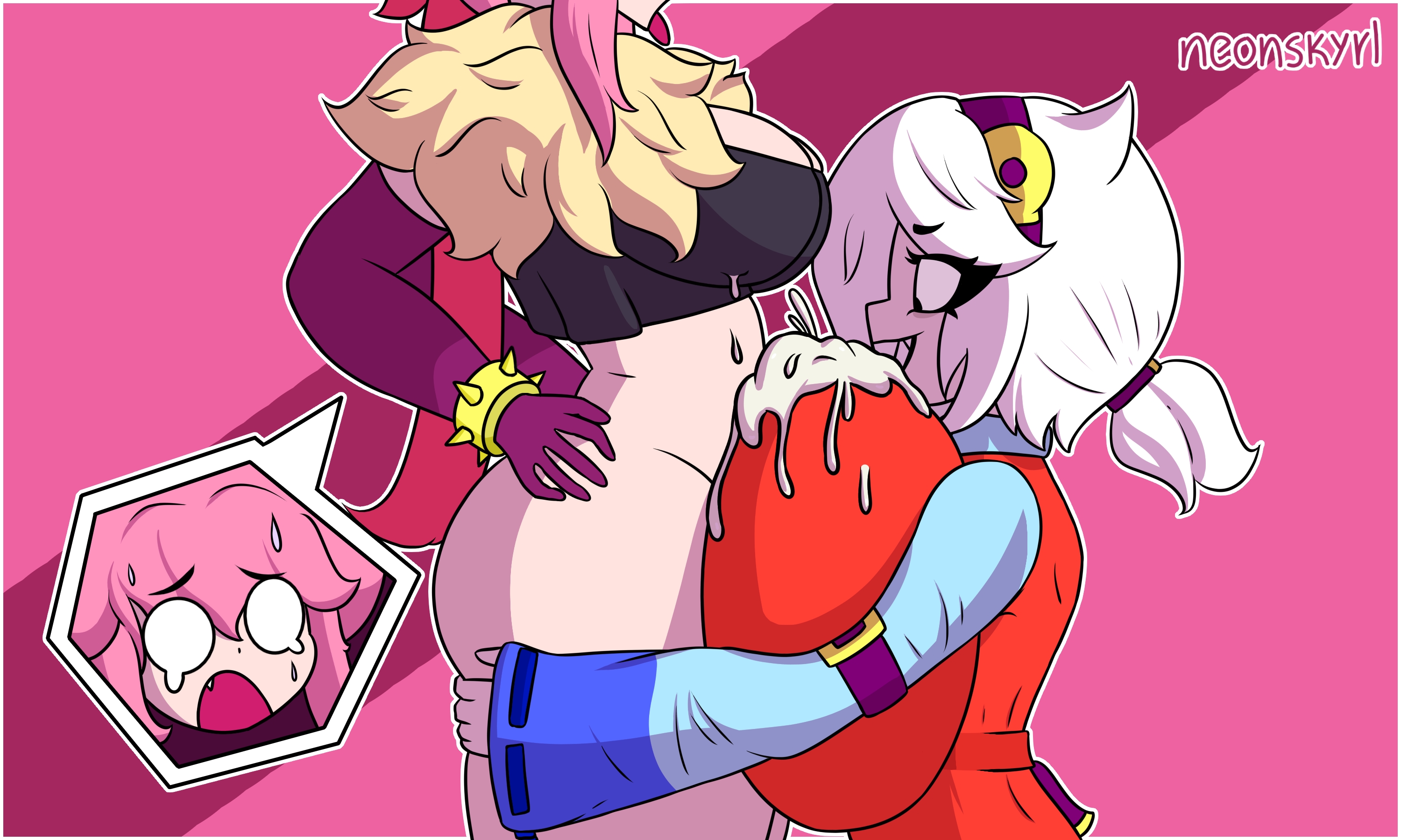 1futa, 1girls, alternate version available, big ass, big breasts, brawl stars, colette (brawl stars), dominant, female, femdom, futa on female, futanari, hourglass figure, intersex, melodie (brawl stars), neonskyrl, overwhelmed, paizuri, paizuri under clothes, sharp teeth, submissive, thick thighs, waist