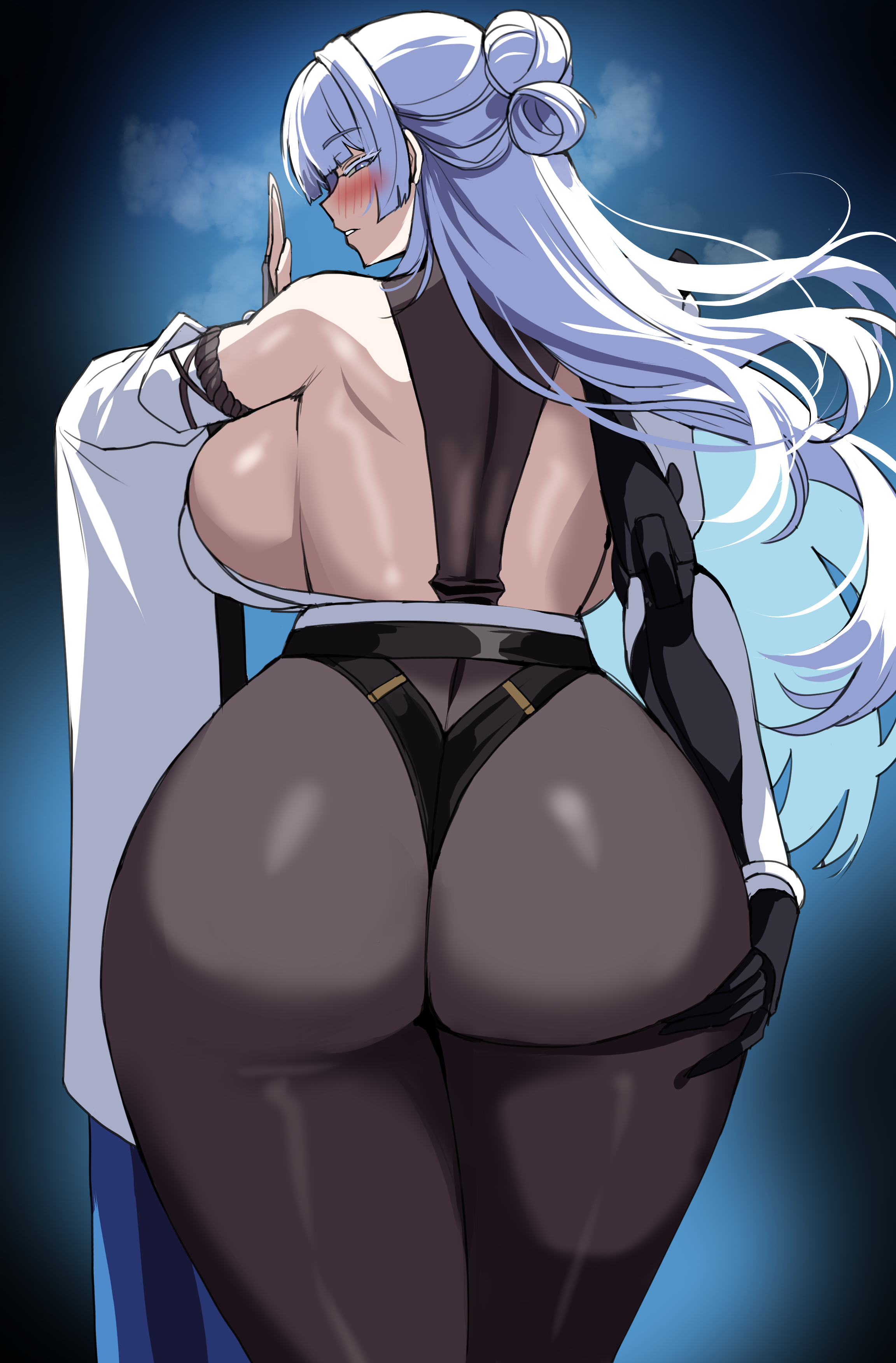 1girls, ass, ass grab, back, backboob, bare shoulders, black gloves, black leotard, black pantyhose, blush, breasts, detached sleeves, drogod (artist), fingerless gloves, from behind, goddess of victory: nikke, grabbing, grabbing own ass, gradient background, hair bun, hat, hi res, huge breasts, leotard, long hair, mechanical arm, nayuta (nikke), pantyhose, parted lips, sideboob, simple background, teeth, thick thighs, thighs, white eyes