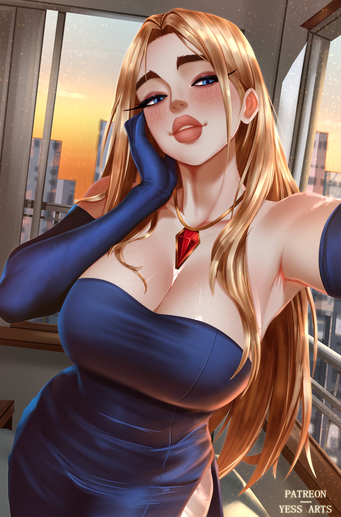 1female, 1girl, 1girls, artist name, beautiful, big ass, big breasts, blonde, blonde blazer, blonde female, blonde hair, blonde hair female, blonde-haired female, blue dress, blue eyes, blush, dispatch (game), dress, female, female only, fit female, gloves, hero, hips, kissable lips, long gloves, long hair, mostly clothed, necklace, patreon username, pendant, pendant necklace, smiling, solo, solo female, solo focus, superheroine, thick, tight dress, yessarts