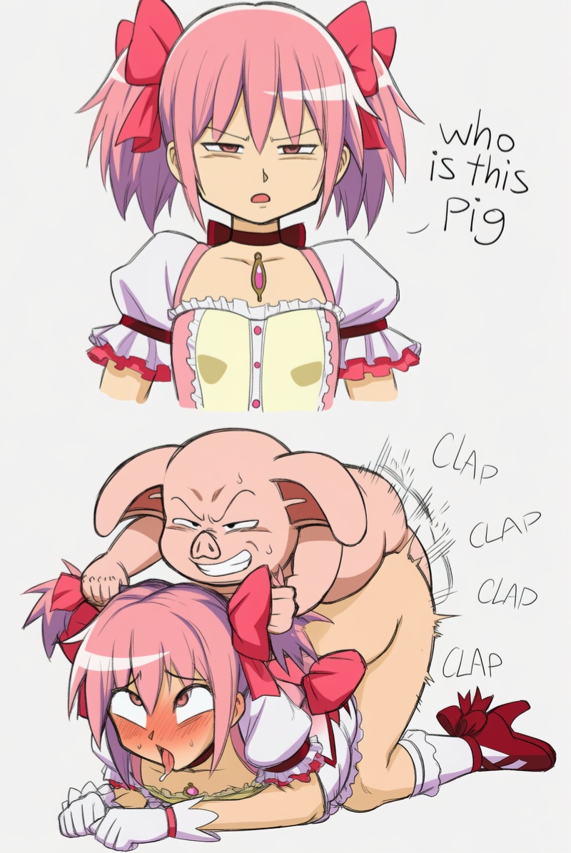 ai assisted, ai generated, backshots, clapping ass, clapping cheeks, crossover, defeated, defeated heroine, dragon ball, fucked from behind, fucked into submission, fucked senseless, fucked silly, instant loss 2koma, interspecies, madoka kaname, magical girl, mahou shoujo madoka magica, oolong, pig, sex, simple background, size difference, sketchy, straight, text, twintails, white background