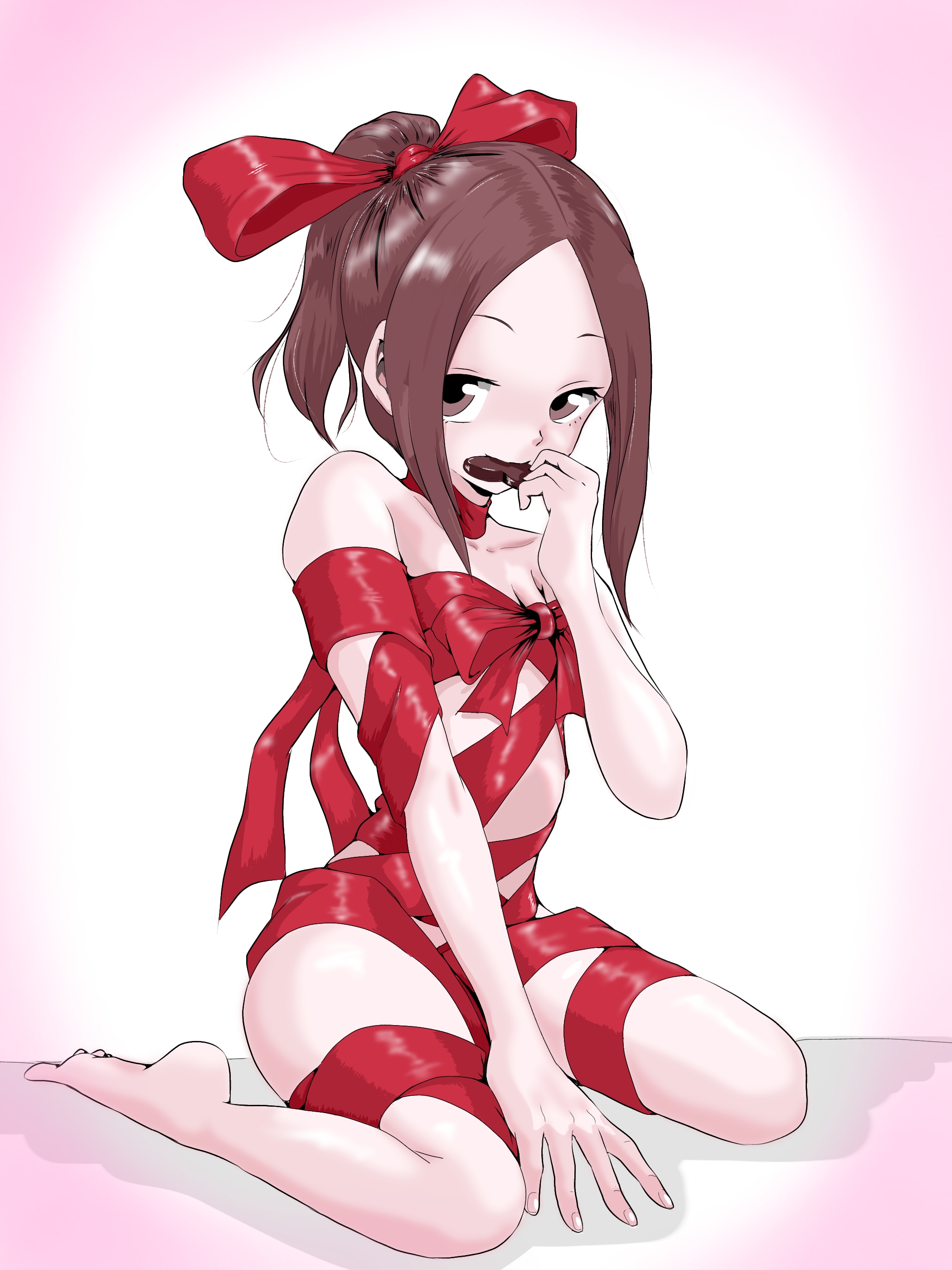 1girls, alternate hairstyle, barefoot, brown eyes, brown hair, chocolate, chocolate heart, feet, hatomugi (user datj4345), karakai jouzu no takagi-san, legs, long hair, mouth hold, nude, ponytail, present wrap, seductive, seductive look, seductive smile, smile, tagme, takagi-san, thighs, valentine