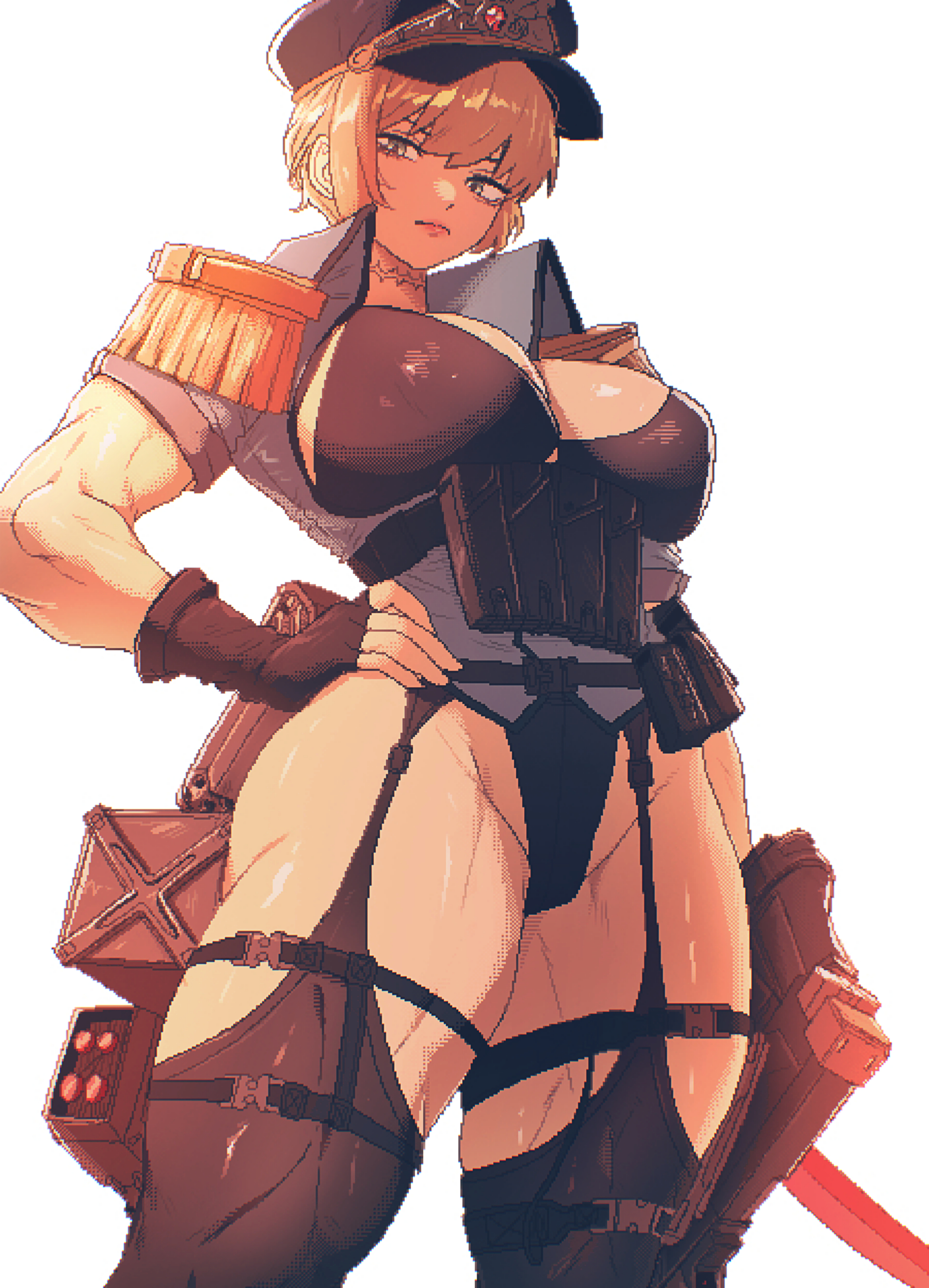 absurdres, ass peek, black garter straps, black gloves, black hat, black leotard, blonde hair, blue shirt, breasts, cleavage, cleavage cutout, closed mouth, clothing cutout, collared shirt, commission, female, fingerless gloves, garter straps, gloves, grey eyes, groin, hand on own hip, hat, highres, holding, holding weapon, large breasts, leotard, leotard under clothes, lips, looking at viewer, looking down, military hat, military uniform, muscular, muscular female, original, pixiv commission, scar, scar on neck, shirt, short hair, spoiledmuffin, thick thighs, thigh strap, thighhighs, thighs, toon (style), weapon, weapon case, white background