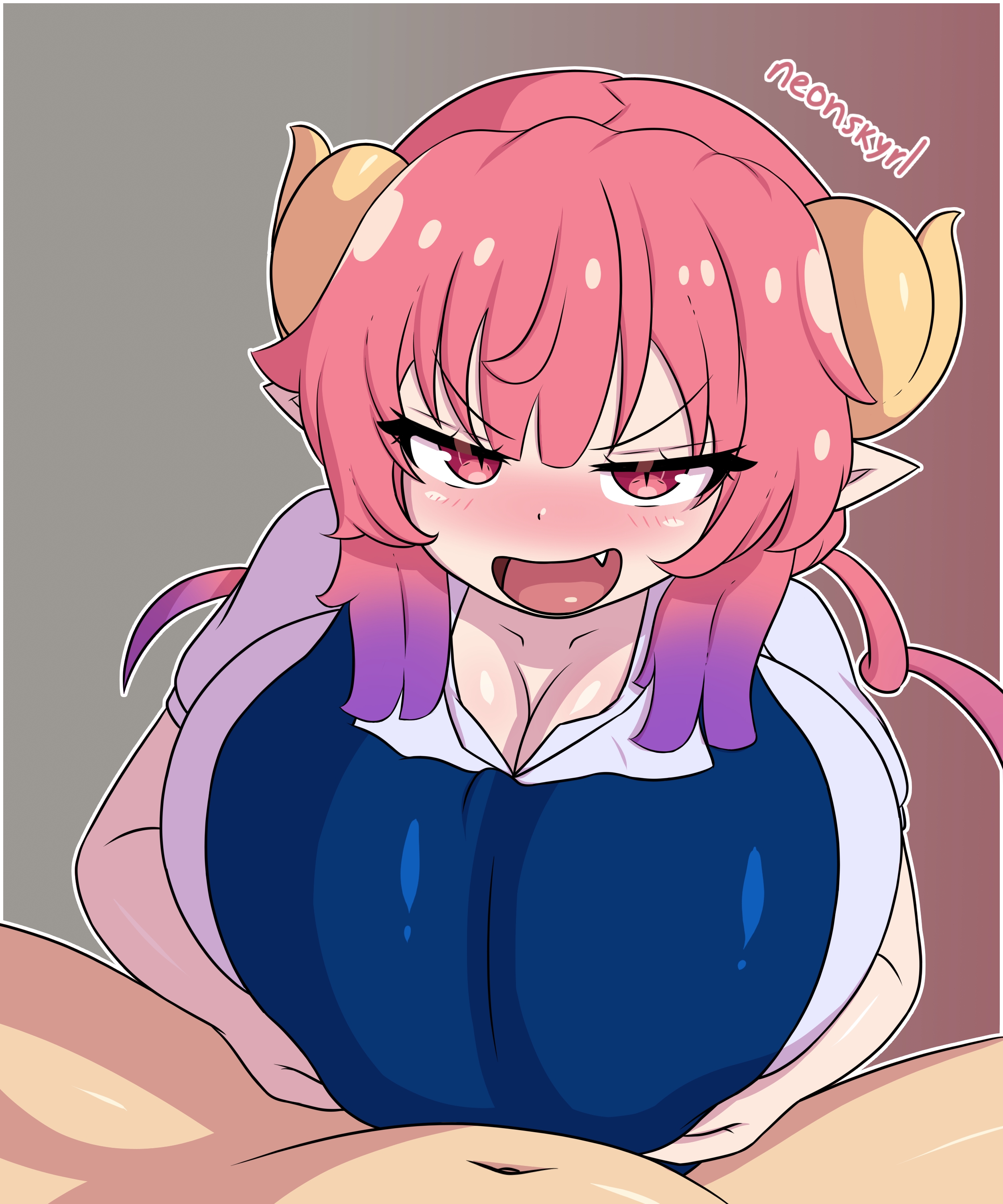 cleavage, female, female focus, hands on breasts, happy female, happy paizuri, hi res, high resolution, highres, ilulu, ilulu (dragon maid), ilulu (maidragon), kobayashi-san chi no maidragon, miss kobayashi's dragon maid, neonskyrl, paizuri, paizuri under clothes, penis between breasts, red hair, smug, titfuck under clothes, titjob, voluptuous, voluptuous female, watermark, work uniform