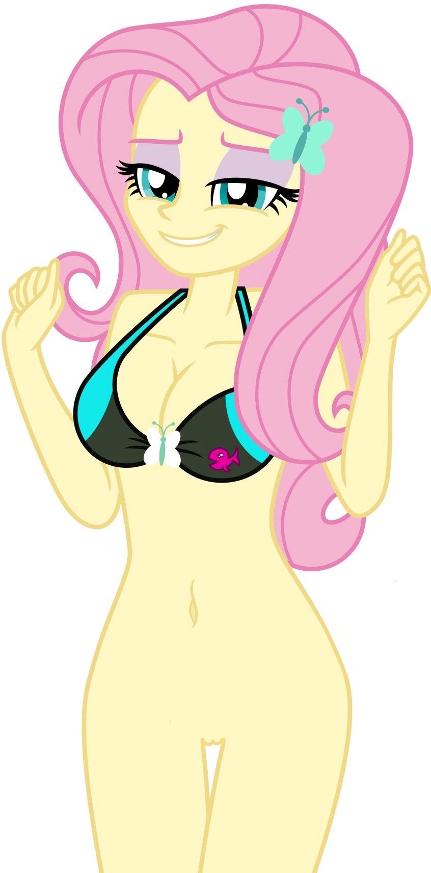 1girls, 4ckerman, belly button, bikini, blue eyes, emeraldblast63, equestria girls, female, female focus, female only, female solo, fluttershy (eg), fluttershy (mlp), hair, hair ornament, my little pony, pink hair, pussy, pussy lips, simple background, smile, smiling, solo