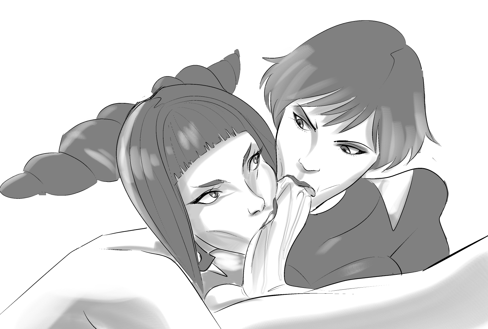 2d, 2d (artwork), 2girls, blowjob, collaborative fellatio, crossover, fellatio, juri han, oral, penis, reina mishima, street fighter, tekken, tekken 8, thesquiddycipher, threesone