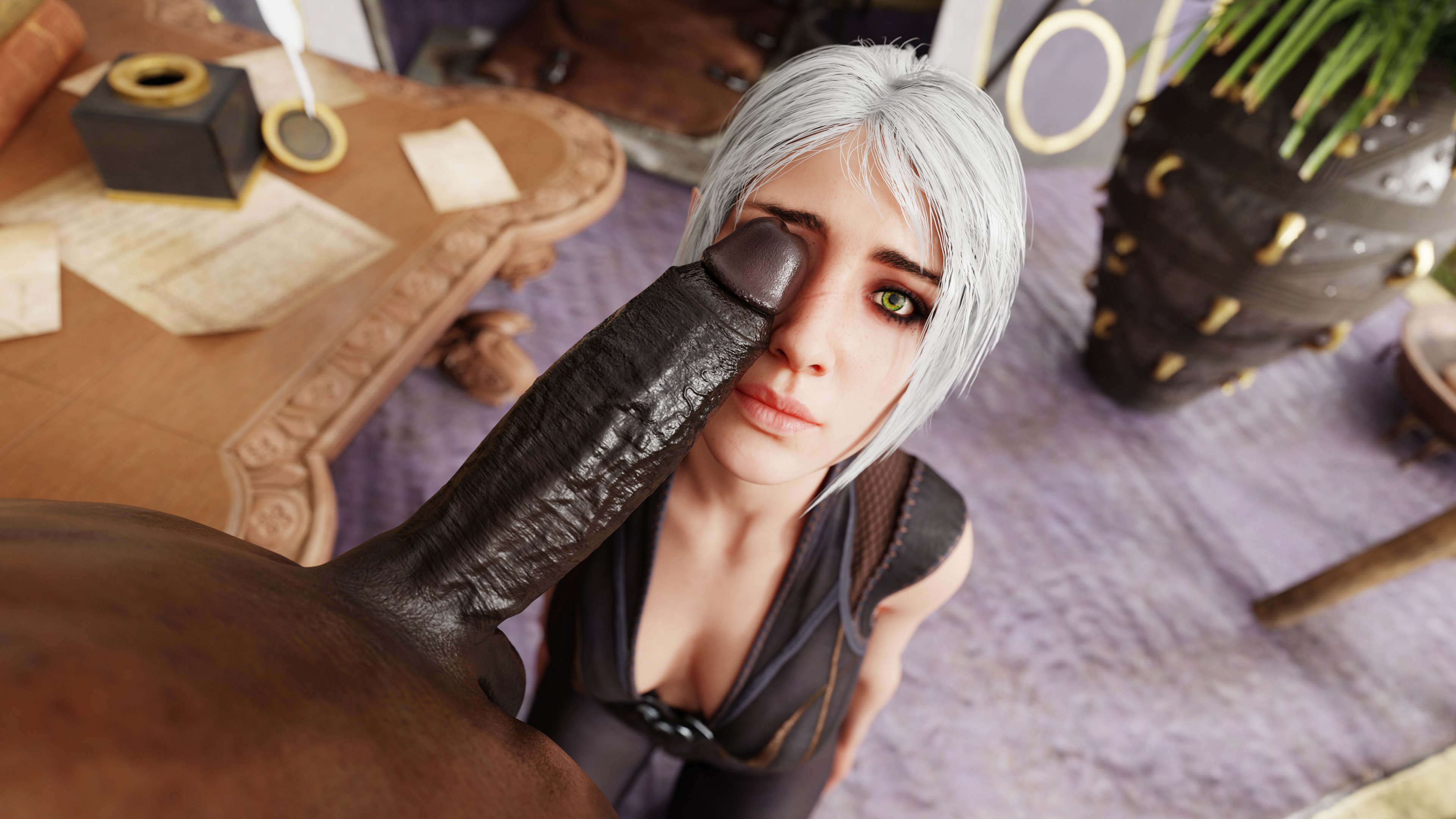 1boy, 1girls, 3d, baldur's gate 3, big penis, cfnm, clothed female, clothed female nude male, cock, completely nude, dark skin, dark-skinned male, derpderp, dick on face, dungeons and dragons, duo, elf, elf ears, eyeshadow, female, forgotten realms, green eyes, half-elf, huge cock, interracial, light skin, light-skinned female, looking at viewer, male, male/female, nude, nude male, penis, penis on face, pointy ears, shadowheart, submissive female, tagme, unseen male face, white hair, wizards of the coast, wyll ravengard