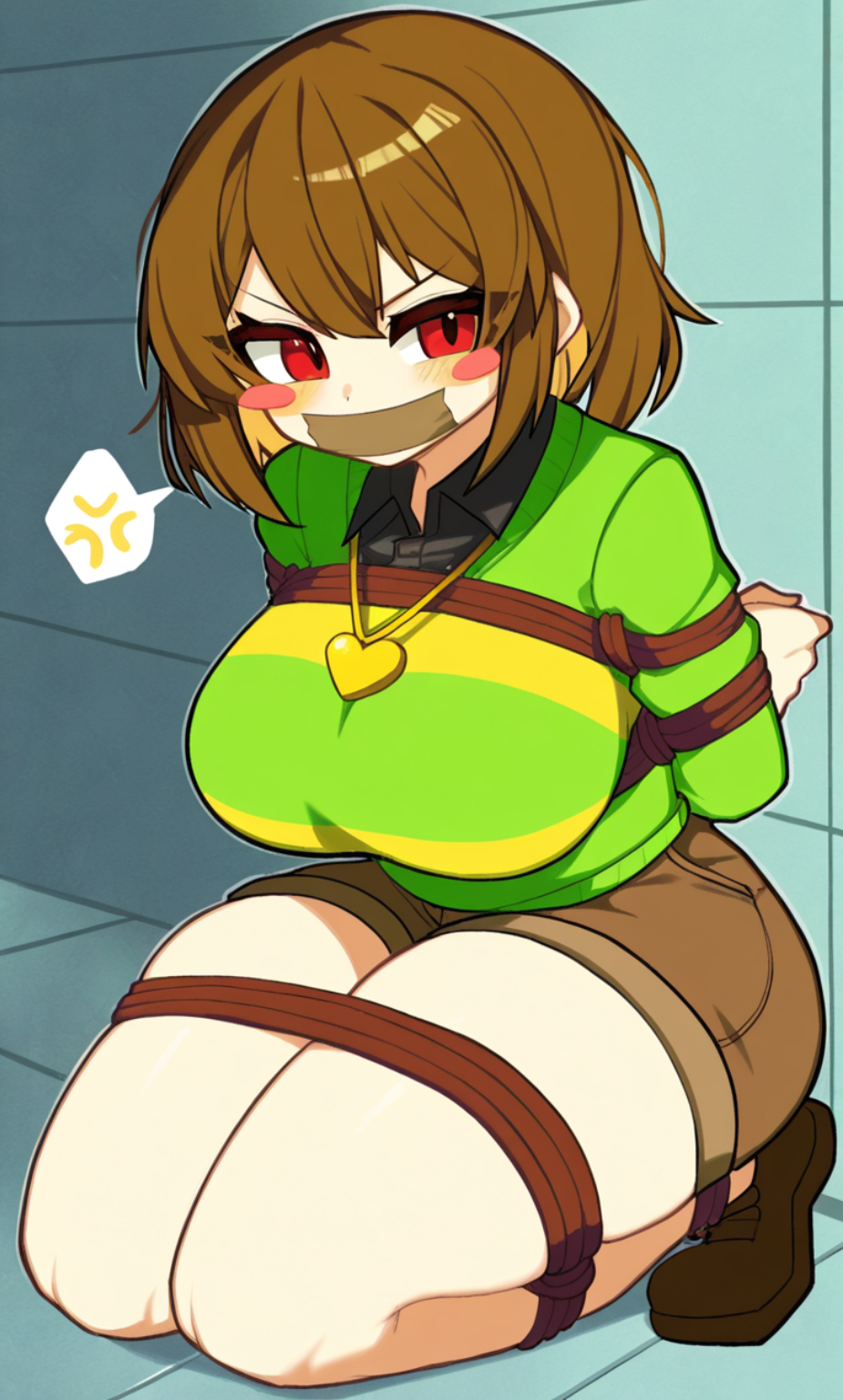 1girls, ai generated, anger, anger symbol, anger vein, angry, angry expression, angry eyes, angry face, arms behind back, arms restrained, arms tied, arms tied behind back, bdsm, big breasts, big hips, big thighs, blush, blushing, blushing female, bondage, boob focus, breast focus, breasts, captured, captured female, chara, chara (undertale), gagged, gagged female, hips, honeybunn14, kidnapped, kidnapped female, kidnapped girl, legs tied, legs tied together, looking away, looking to the side, on knees, restrained, restraints, rope, rope around breasts, rope bondage, tape gag, taped mouth, thighs, tied, tied arms, tied legs, tied up, titties, undertale