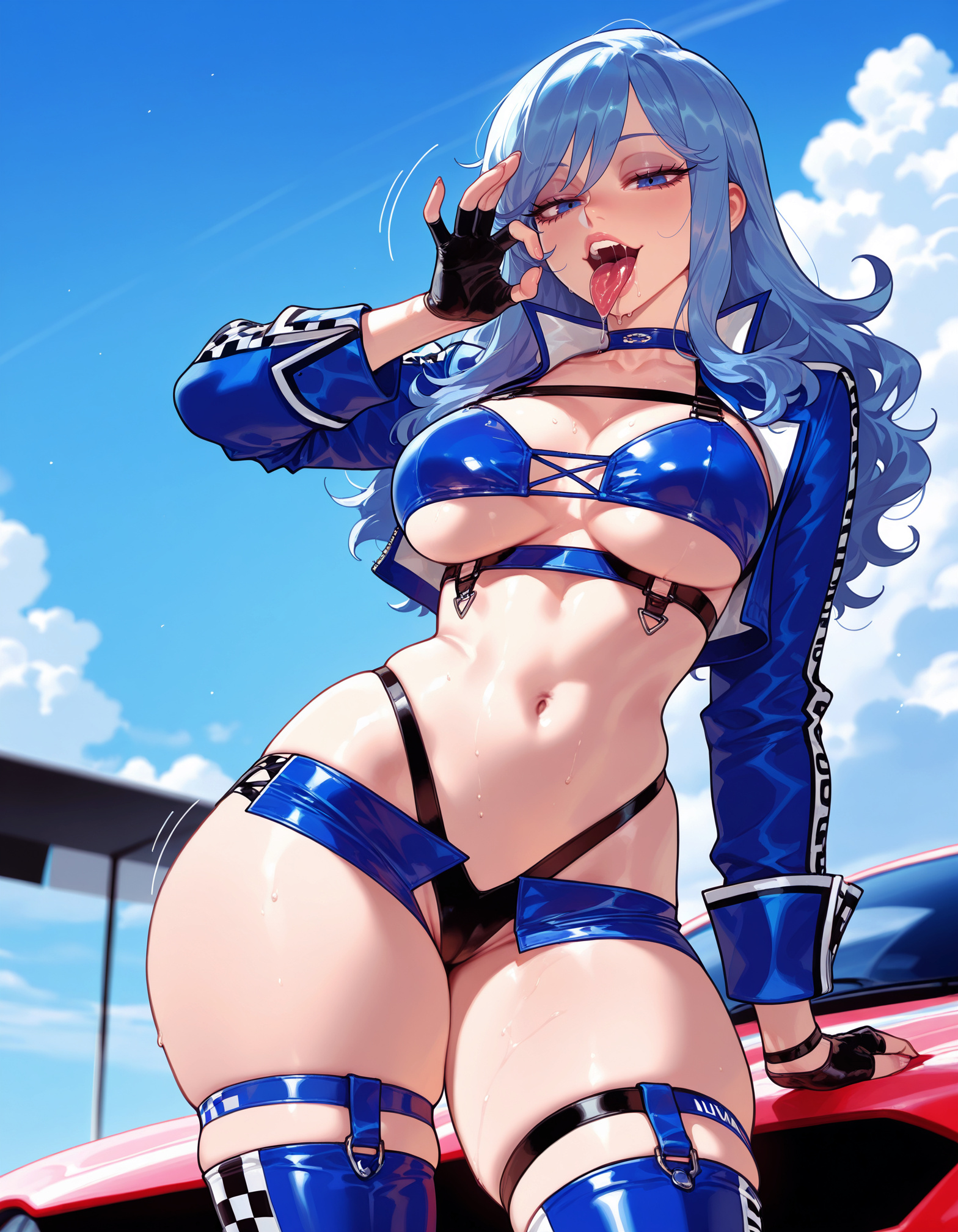 1girls, ai generated, balecxi, bangs, bikini, black bikini, black gloves, blue bikini, blue choker, blue eyes, blue hair, blue jacket, blue sky, blue thighhighs, blush, breasts, cameltoe, car, checkered clothes, choker, clothing, cloud, collarbone, cropped jacket, curvaceous, curvaceous female, curvaceous figure, curvy, curvy figure, day, fairy tail, fellatio gesture, female, female focus, female only, fingerless gloves, gloves, highleg, highleg bikini, highleg panties, inviting, jacket, juvia lockser, large breasts, legwear, long hair, long sleeves, looking at viewer, micro shorts, mismatched bikini, motor vehicle, naughty face, navel, on vehicle, open clothes, open mouth, oral invitation, outdoors, panties, presenting, presenting ass, presenting breasts, presenting hindquarters, presenting pussy, presenting self, race queen, race vehicle, racecar, saliva, seductive, seductive look, seductive smile, shorts, skindentation, sky, smile, solo, sports car, stomach, sweat, swimsuit, teeth, thick thighs, thigh strap, thighhighs, thighs, thong, tongue, tongue out, underboob, underwear, voluptuous, voluptuous female, wavy hair